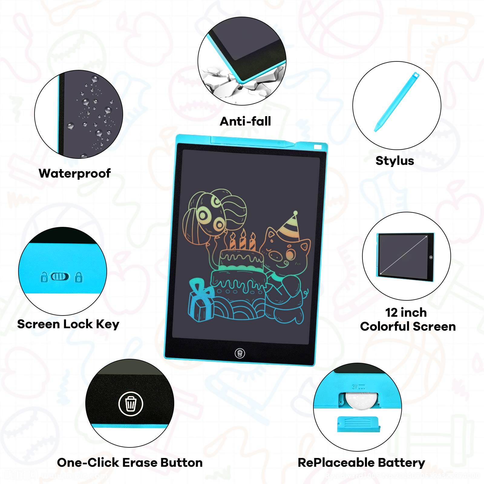 LCD Writing Tablet, 12 Inch LCD Coloring Drawing Tablet Doodle Board for Kids Learning Toys, Erasable Electronic eWriter Handwriting Sketch Pad, Christmas Birthday Gifts for 3 Age+