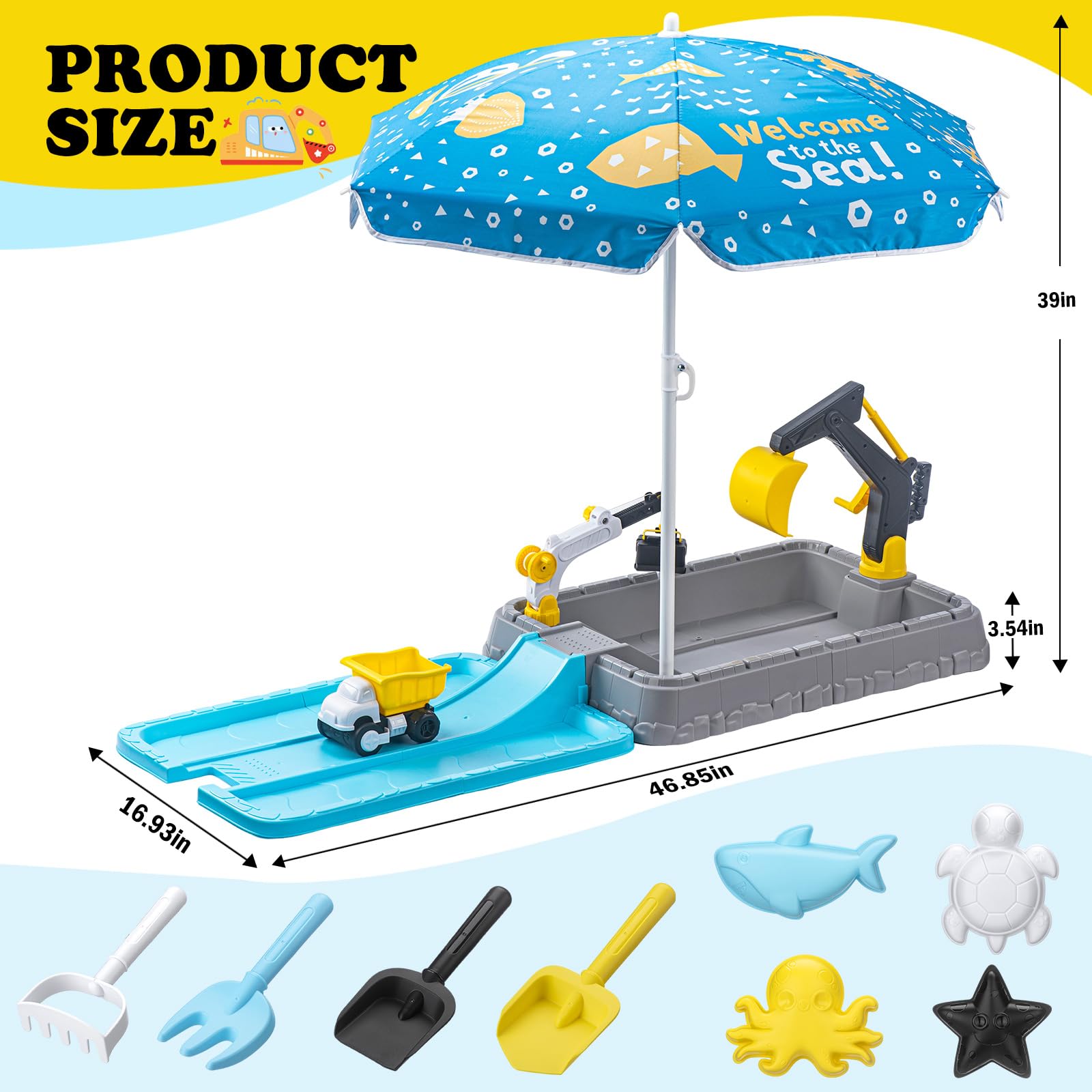 Kids Excavator Sandbox with Umbrella & Cover, Construction Sandbox Set with Beach Toys & Dump Truck, Outdoor Educational Play Set for Toddlers Ages 3-12