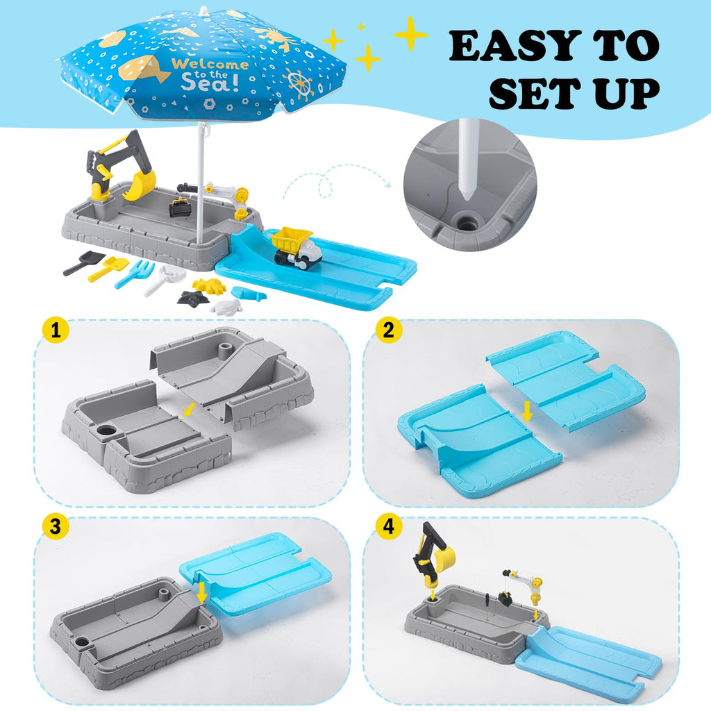 Kids Excavator Sandbox with Umbrella & Cover, Construction Sandbox Set with Beach Toys & Dump Truck, Outdoor Educational Play Set for Toddlers Ages 3-12