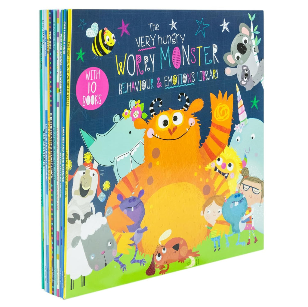 Very Hungry Worry Monster Behaviour and Emotions Library 10 Book Set Collection(Can I Have a Hug?, Time for School No Worries, Bee Kind, Be You, Rhino Corn, K is for Kindness)