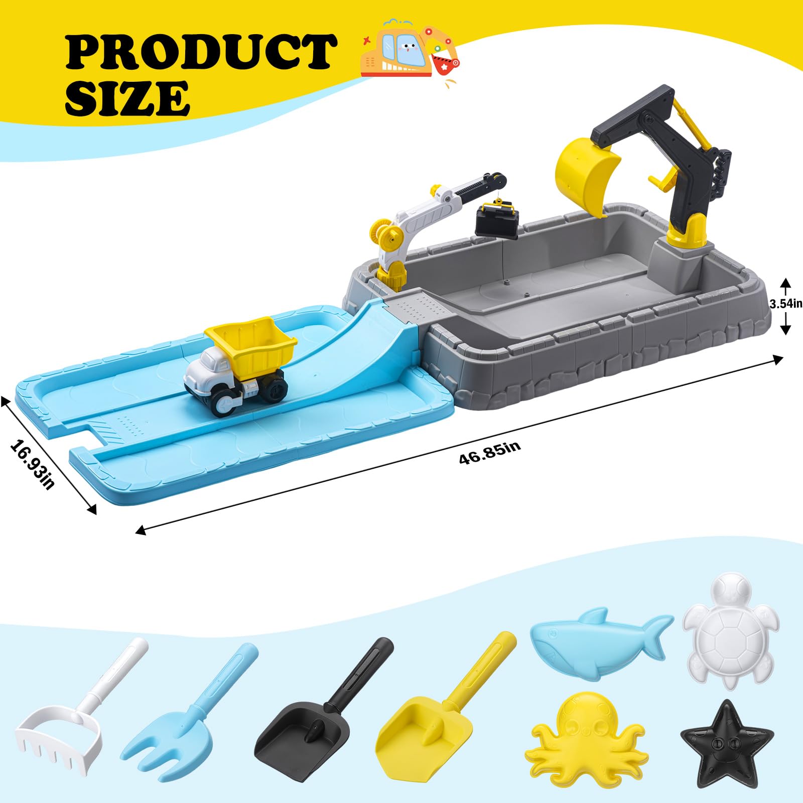 Kids Excavator Sandbox with Umbrella & Cover, Construction Sandbox Set with Beach Toys & Dump Truck, Outdoor Educational Play Set for Toddlers Ages 3-12