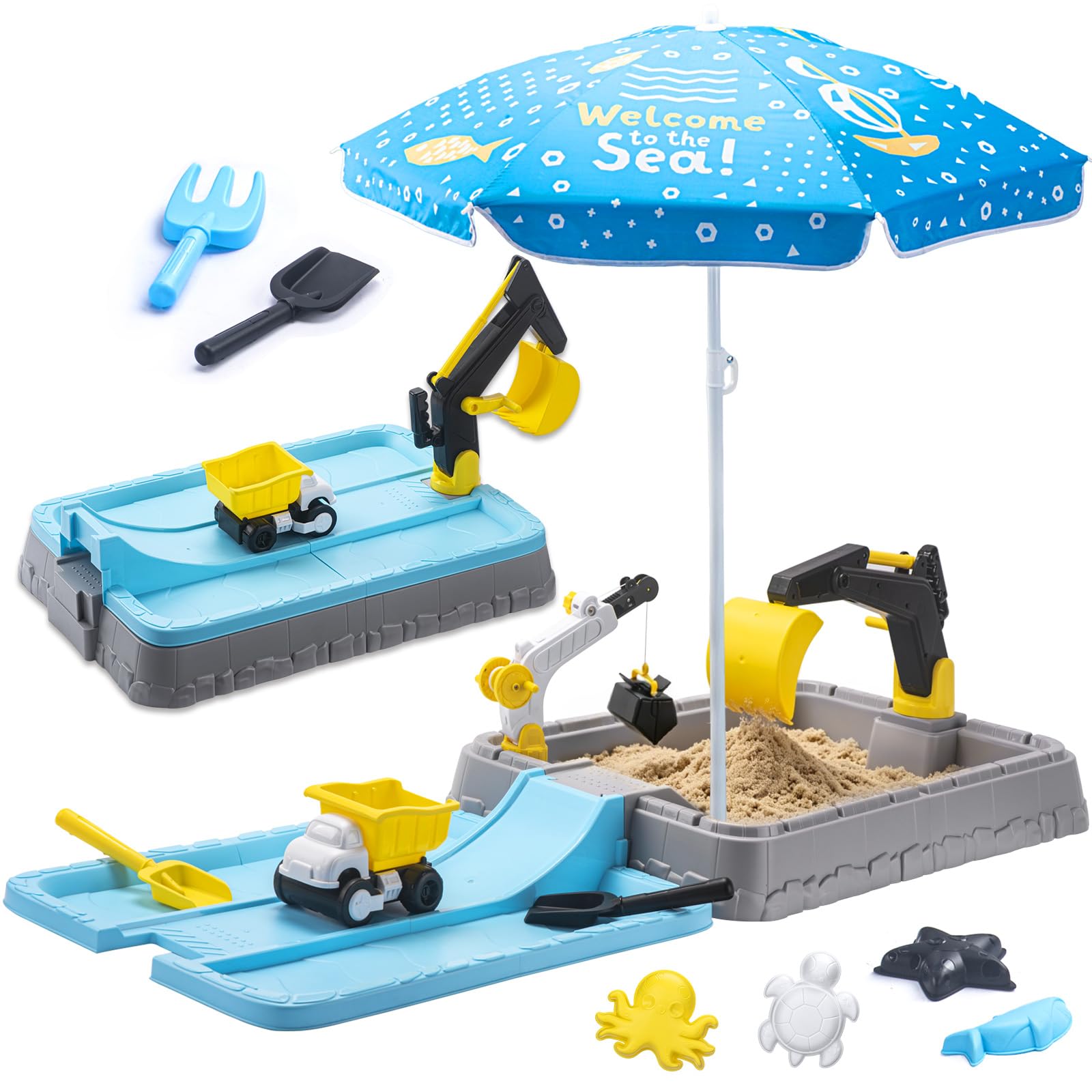 Kids Excavator Sandbox with Umbrella & Cover, Construction Sandbox Set with Beach Toys & Dump Truck, Outdoor Educational Play Set for Toddlers Ages 3-12