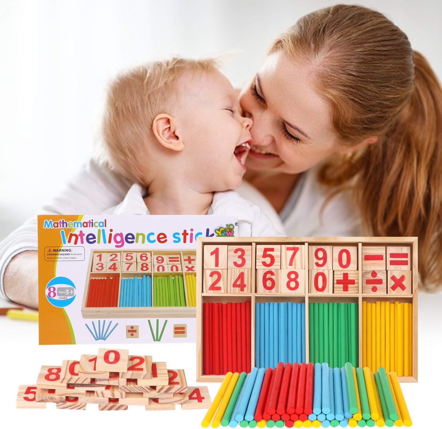 Wood Toy Counting Rods Mathematical Intelligence Sticks Wooden Number Cards Building Blocks gift for Kids Preschool Educational Toys(Colorful)