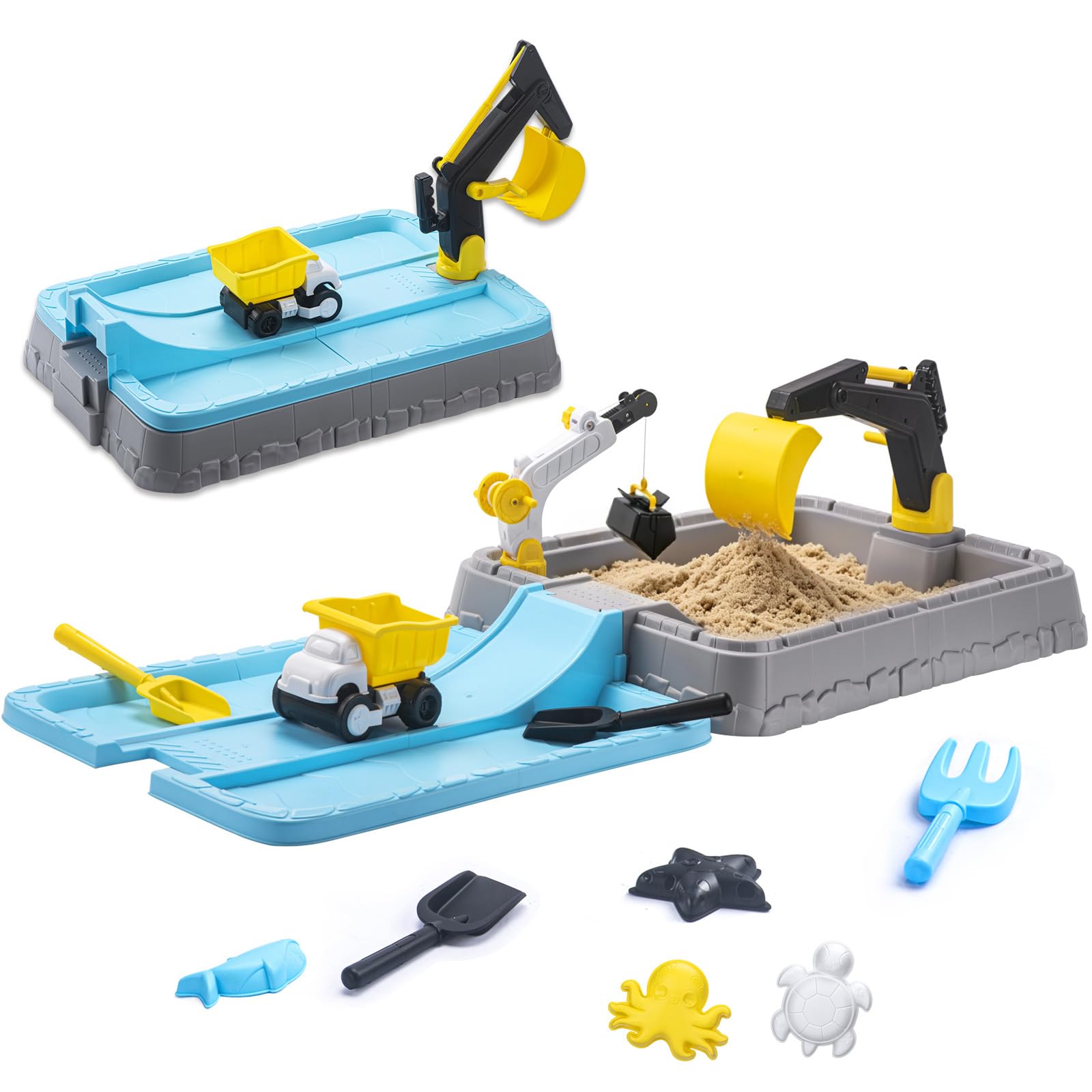 Kids Excavator Sandbox with Umbrella & Cover, Construction Sandbox Set with Beach Toys & Dump Truck, Outdoor Educational Play Set for Toddlers Ages 3-12