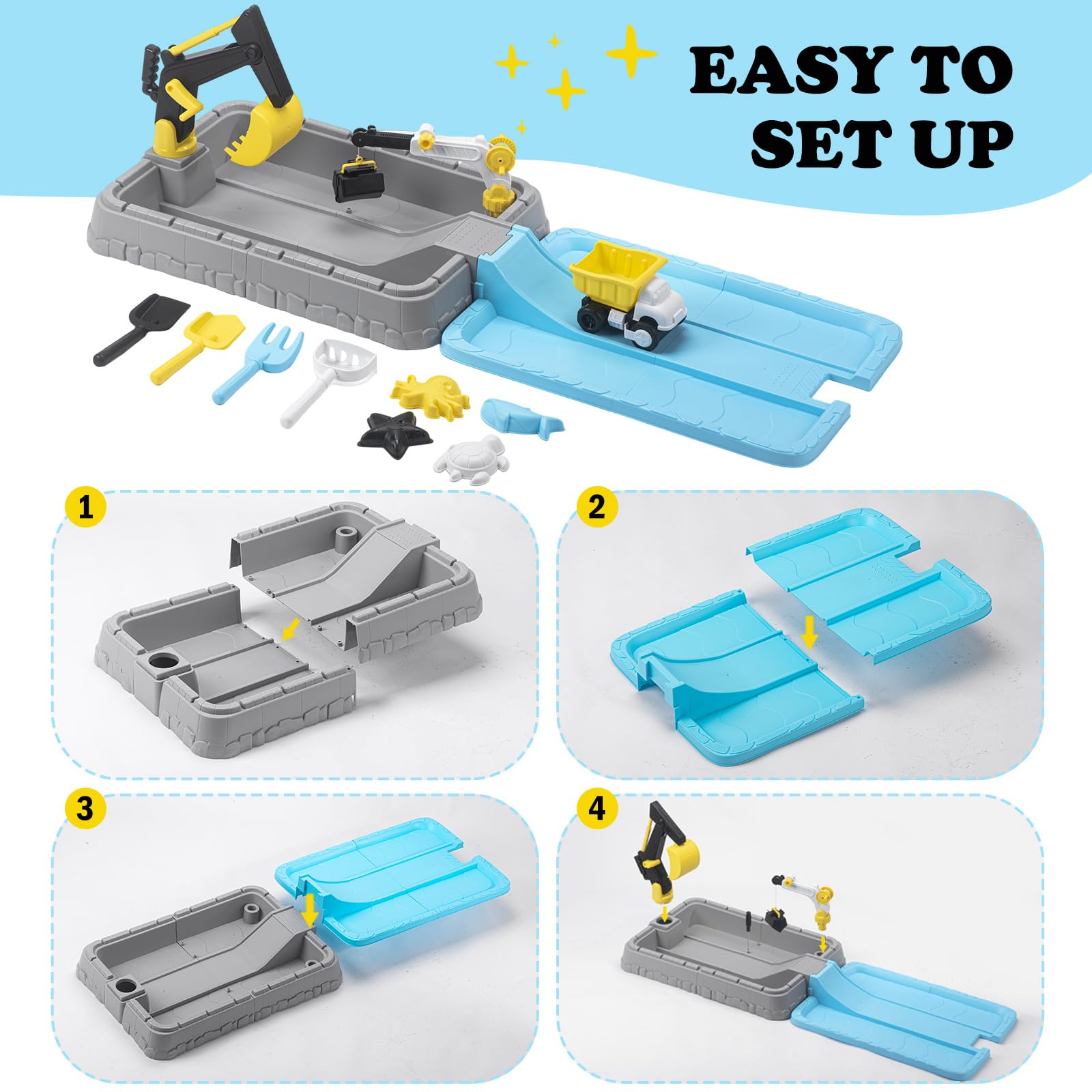 Kids Excavator Sandbox with Umbrella & Cover, Construction Sandbox Set with Beach Toys & Dump Truck, Outdoor Educational Play Set for Toddlers Ages 3-12