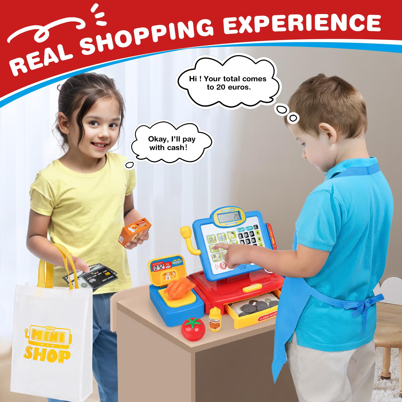 Dreamon Toy Till Cash Register with Scanner for Kids Mini Kids Shop Play Till for 3 Year Old Girls Boys Pretend Role Play Money Food Learning Toys Gift for Toddler