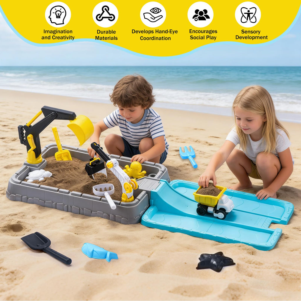 Kids Excavator Sandbox with Umbrella & Cover, Construction Sandbox Set with Beach Toys & Dump Truck, Outdoor Educational Play Set for Toddlers Ages 3-12