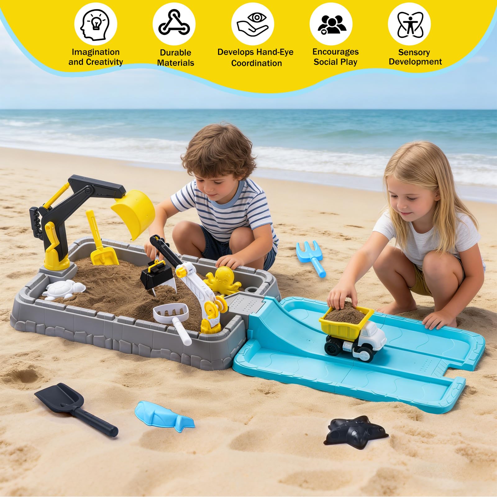 Kids Excavator Sandbox with Umbrella & Cover, Construction Sandbox Set with Beach Toys & Dump Truck, Outdoor Educational Play Set for Toddlers Ages 3-12