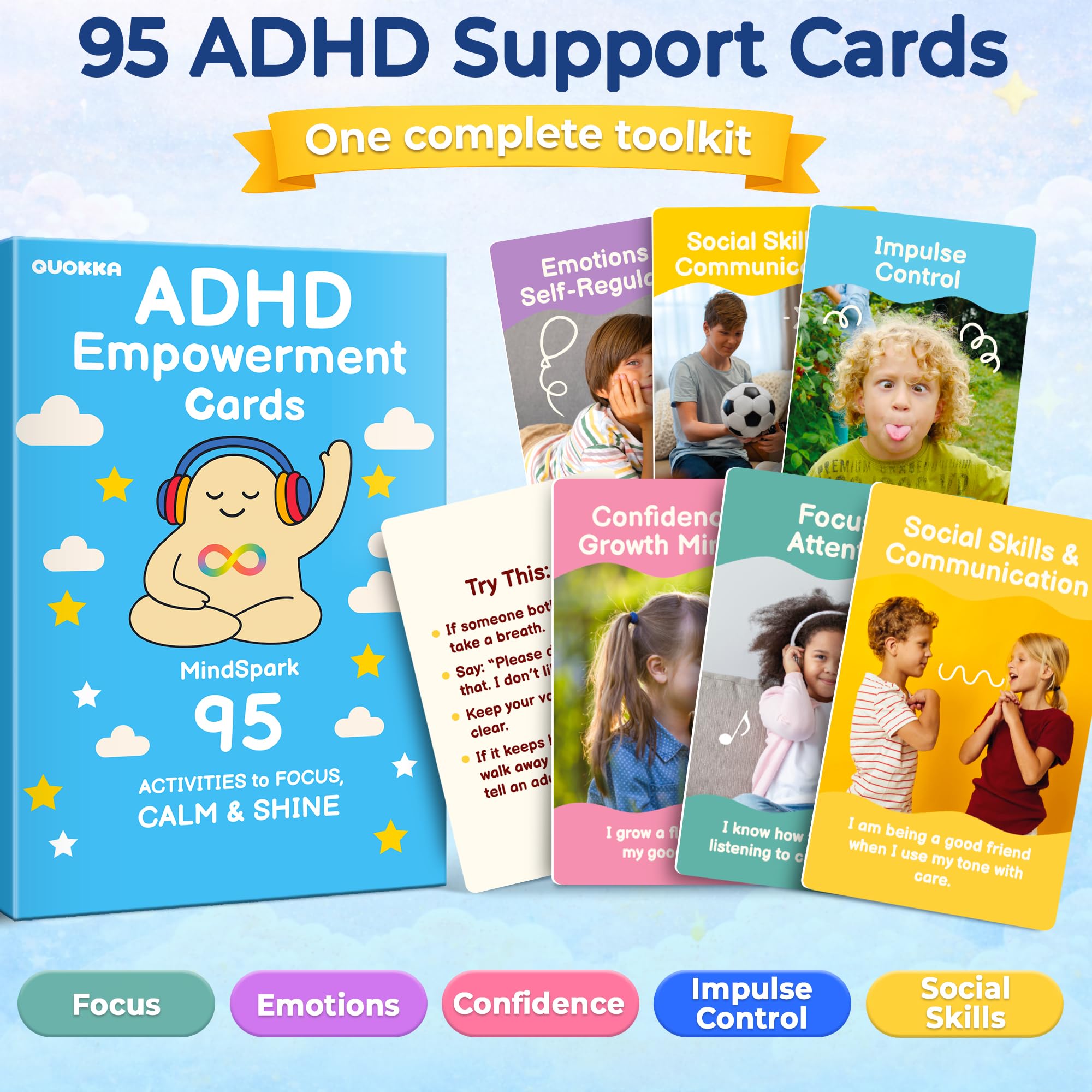 QUOKKA ADHD Tools for Kids – Emotional Regulation Tools for Kids in a Fun Flashcards Deck – Big Feelings Support, Focus Activities, Social Skills & Impulse Control Cards for Home or Classroom