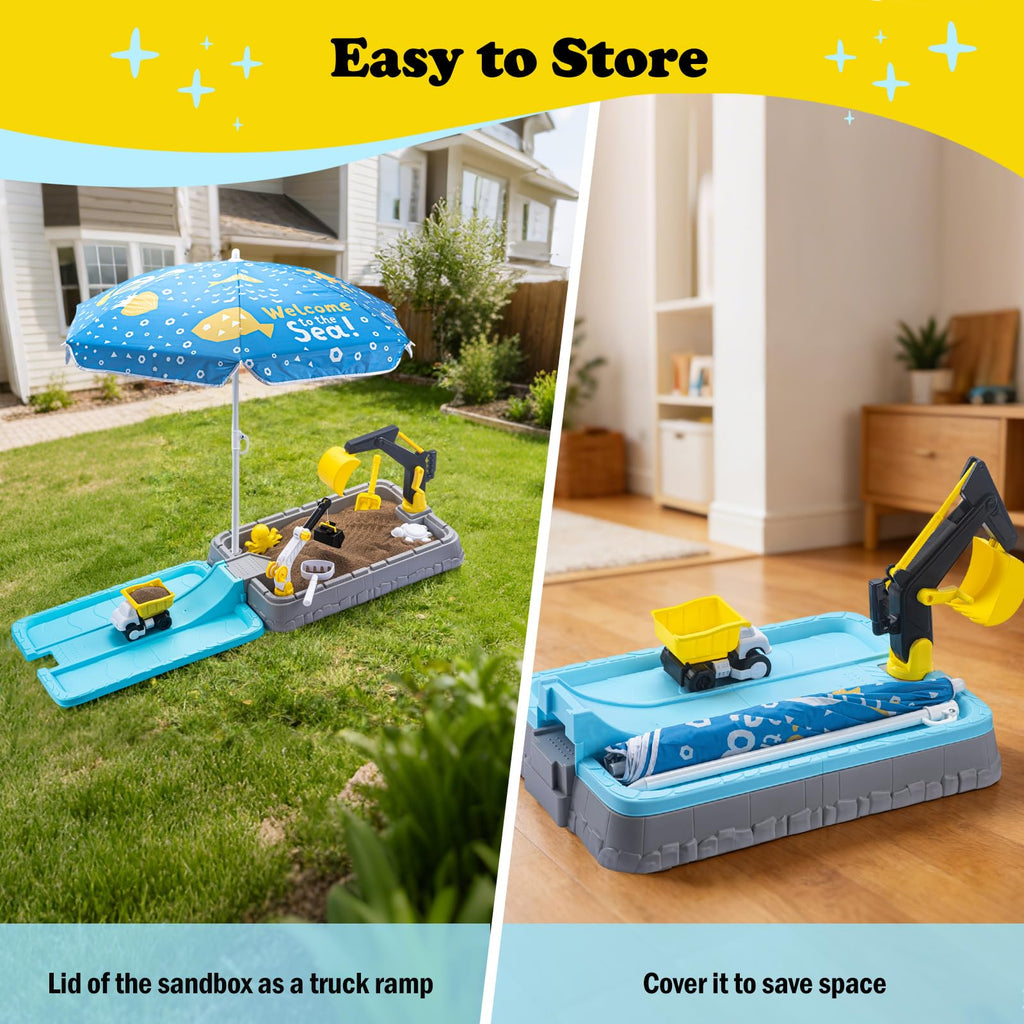 Kids Excavator Sandbox with Umbrella & Cover, Construction Sandbox Set with Beach Toys & Dump Truck, Outdoor Educational Play Set for Toddlers Ages 3-12