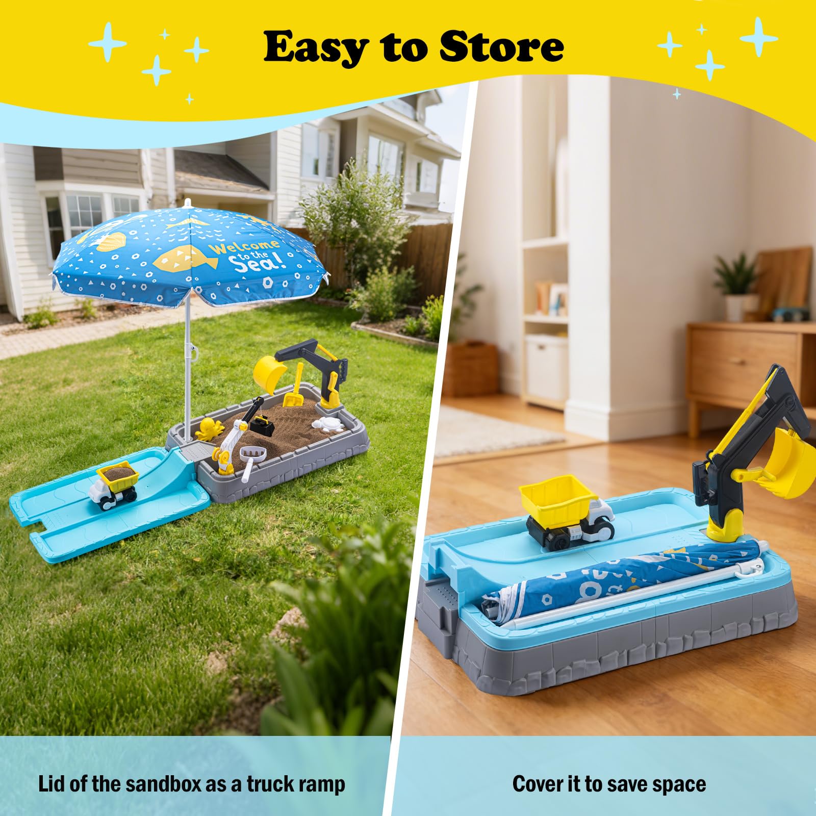 Kids Excavator Sandbox with Umbrella & Cover, Construction Sandbox Set with Beach Toys & Dump Truck, Outdoor Educational Play Set for Toddlers Ages 3-12