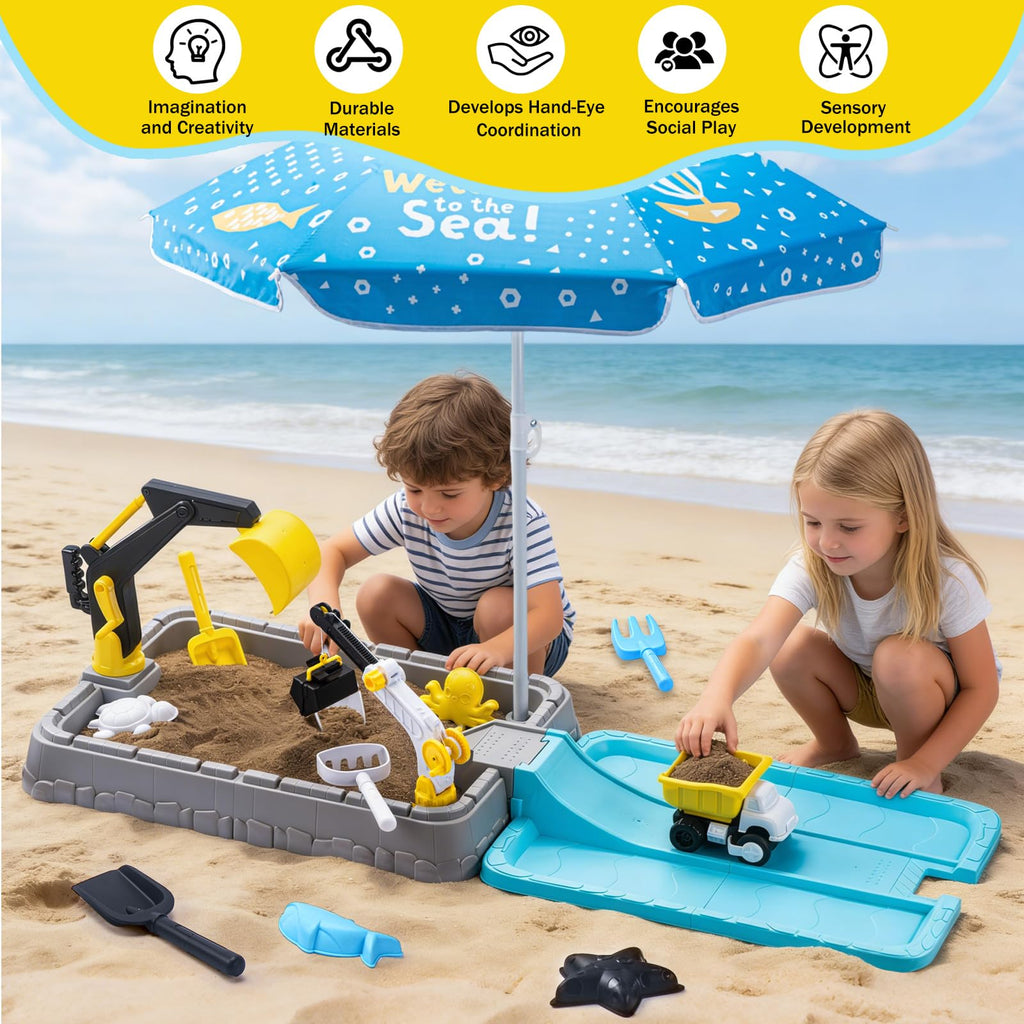 Kids Excavator Sandbox with Umbrella & Cover, Construction Sandbox Set with Beach Toys & Dump Truck, Outdoor Educational Play Set for Toddlers Ages 3-12