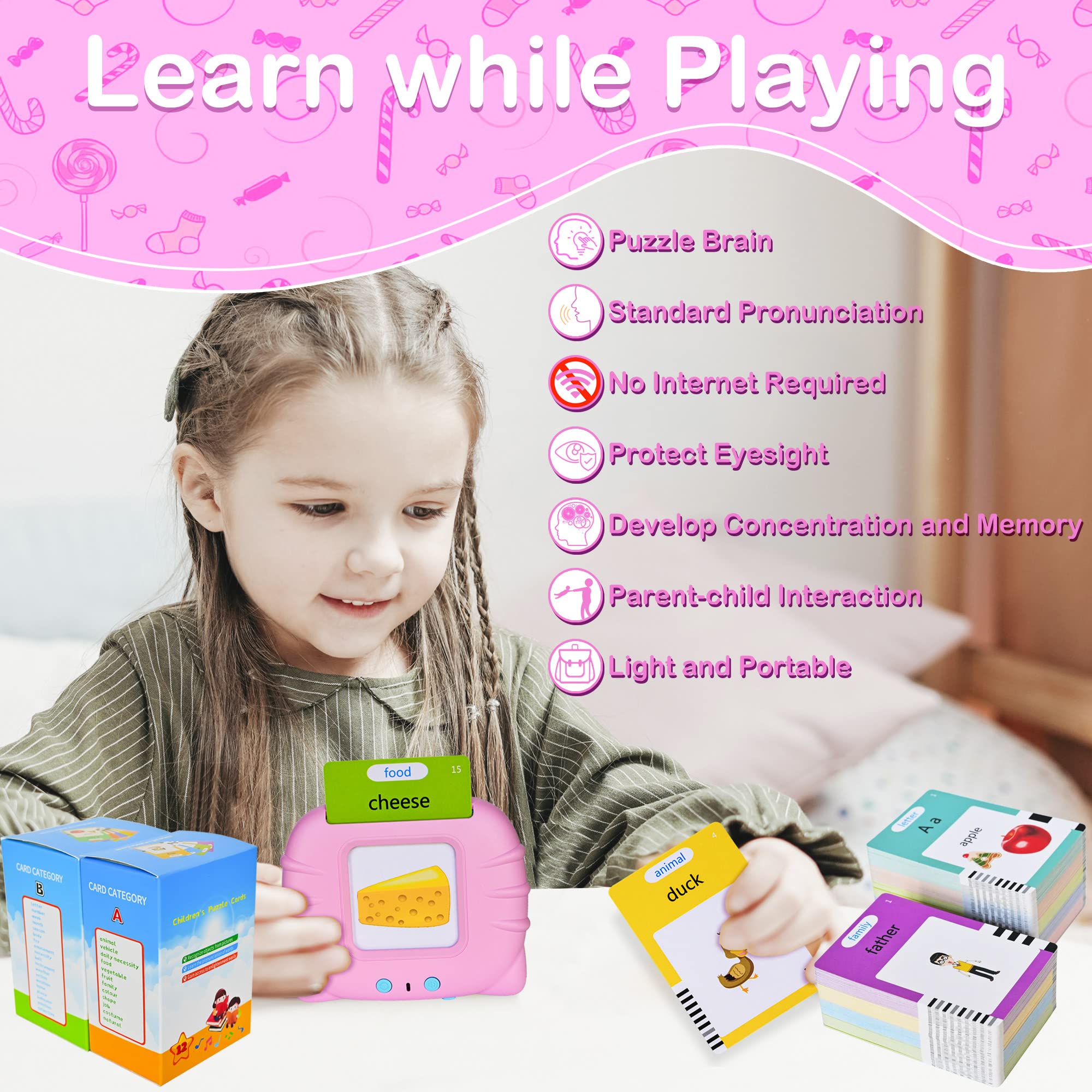 Talking Flash Cards Early Educational Toys for 3 4 5 6 Year Old Baby Boys Girls, Preschool Learning Reading Machine with 224 Words, Montessori Interactive Gift for Kids Toddlers