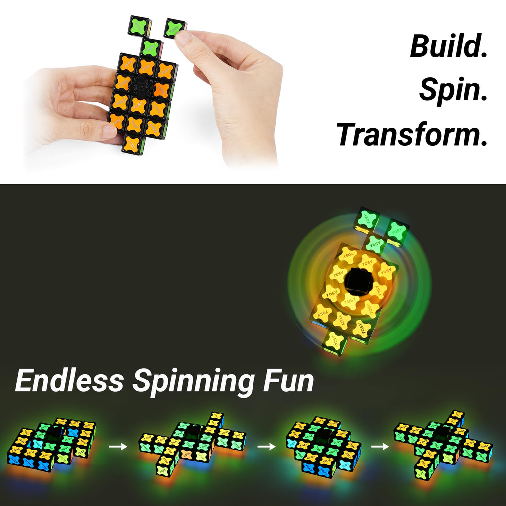 TOSY Magnet Fidget Spinner Glow - 16 blocks, 3in1 Toy: Transformable Fidget Spinner, Infinity/Puzzle Cube, Easter Birthday Gift for Kids/Adults, Glowing STEM Sensory Stress Relief