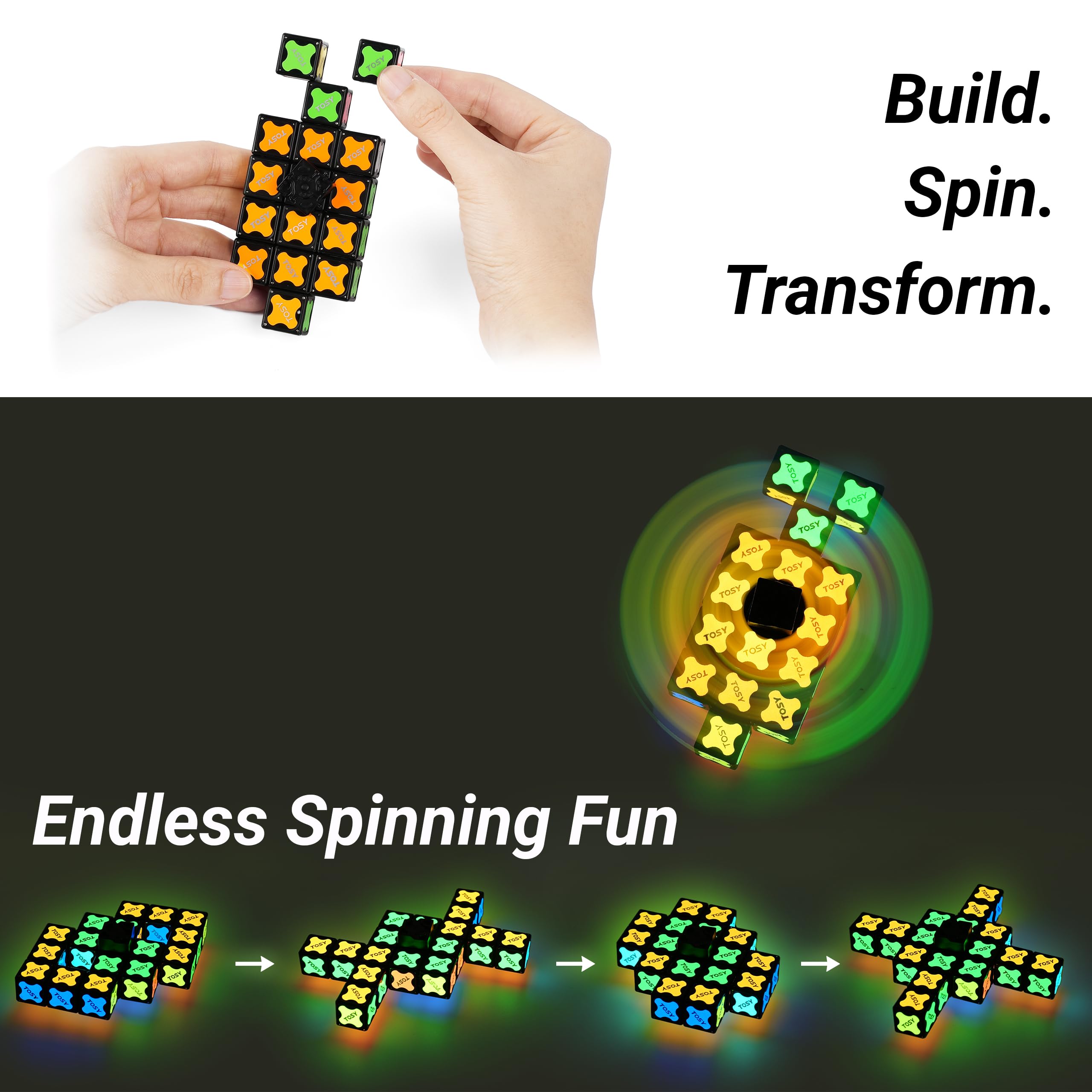 TOSY Magnet Fidget Spinner Glow - 16 blocks, 3in1 Toy: Transformable Fidget Spinner, Infinity/Puzzle Cube, Easter Birthday Gift for Kids/Adults, Glowing STEM Sensory Stress Relief