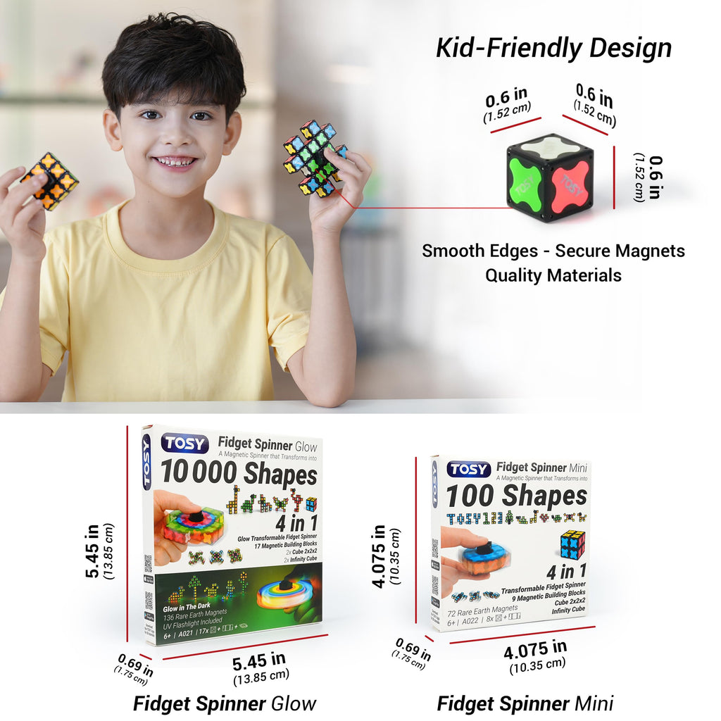 TOSY Magnet Fidget Spinner Glow - 16 blocks, 3in1 Toy: Transformable Fidget Spinner, Infinity/Puzzle Cube, Easter Birthday Gift for Kids/Adults, Glowing STEM Sensory Stress Relief