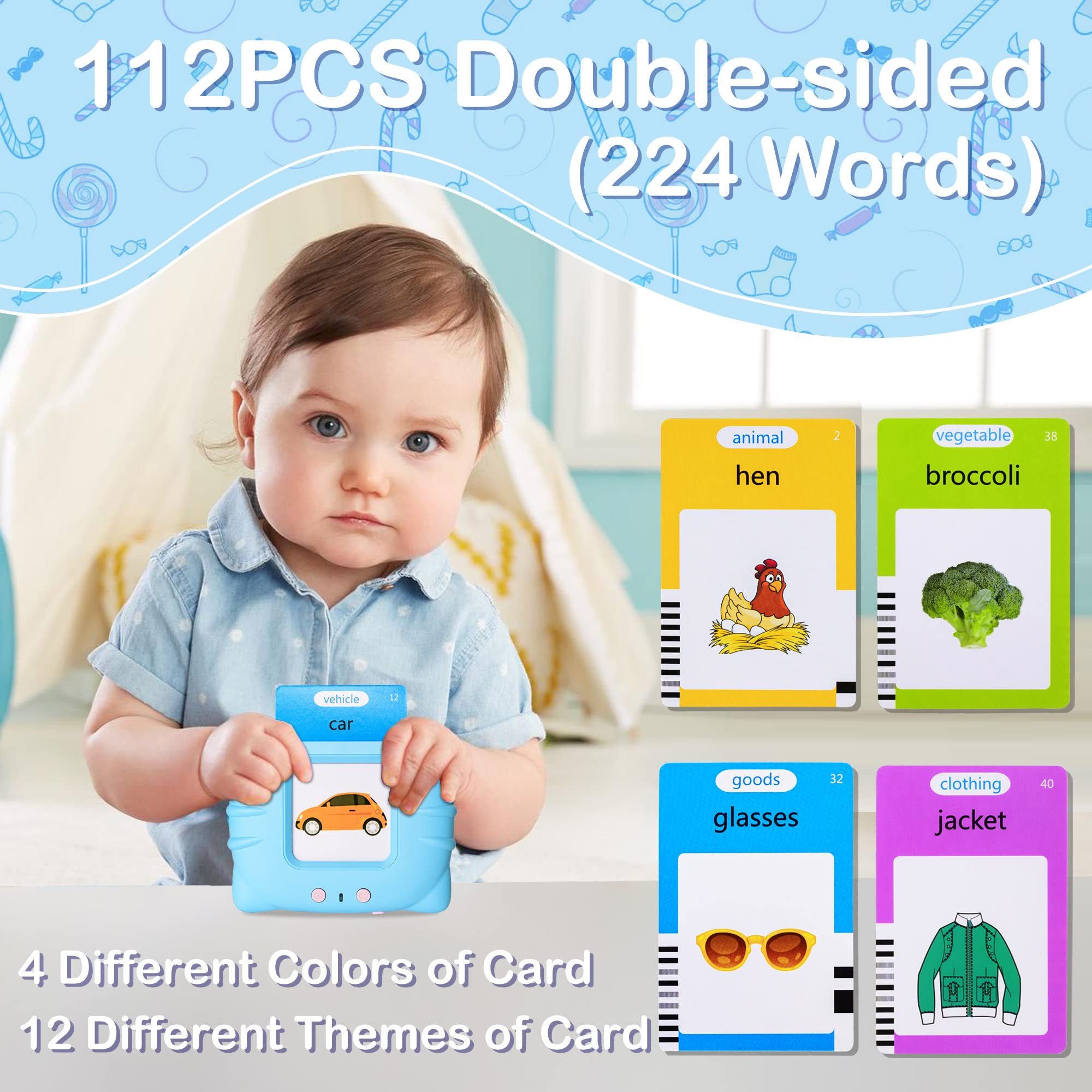 Talking Flash Cards Early Educational Toys for 3 4 5 6 Year Old Baby Boys Girls, Preschool Learning Reading Machine with 224 Words, Montessori Interactive Gift for Kids Toddlers