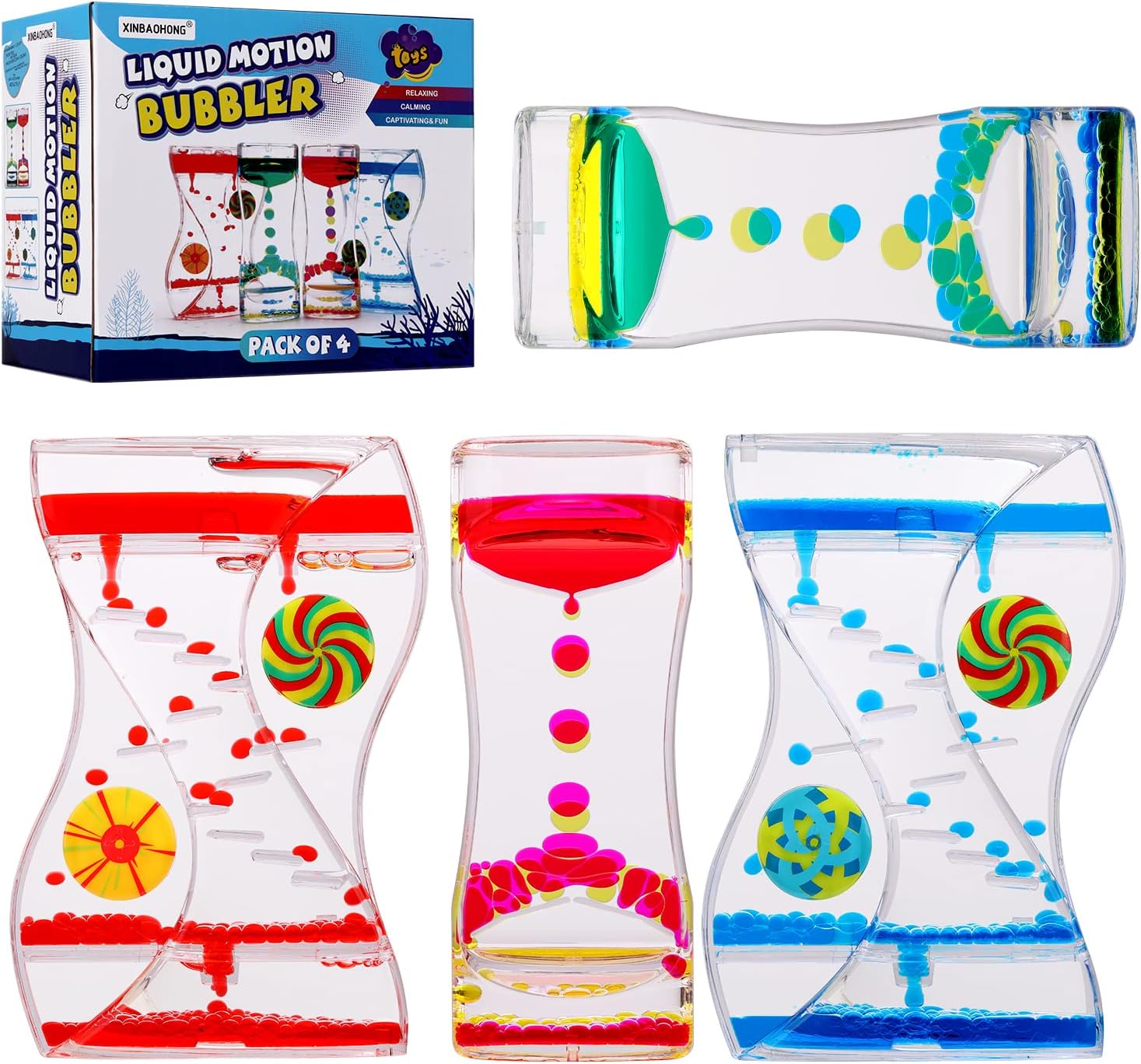 XINBAOHONG Sensory Toy for Relaxation, Motion Timer, Color Lava Lamp, 4 Pack Incredibly Effective Calming Stress Relief Hourglass Toy Liquid Motion Bubbler for Kids and Adults
