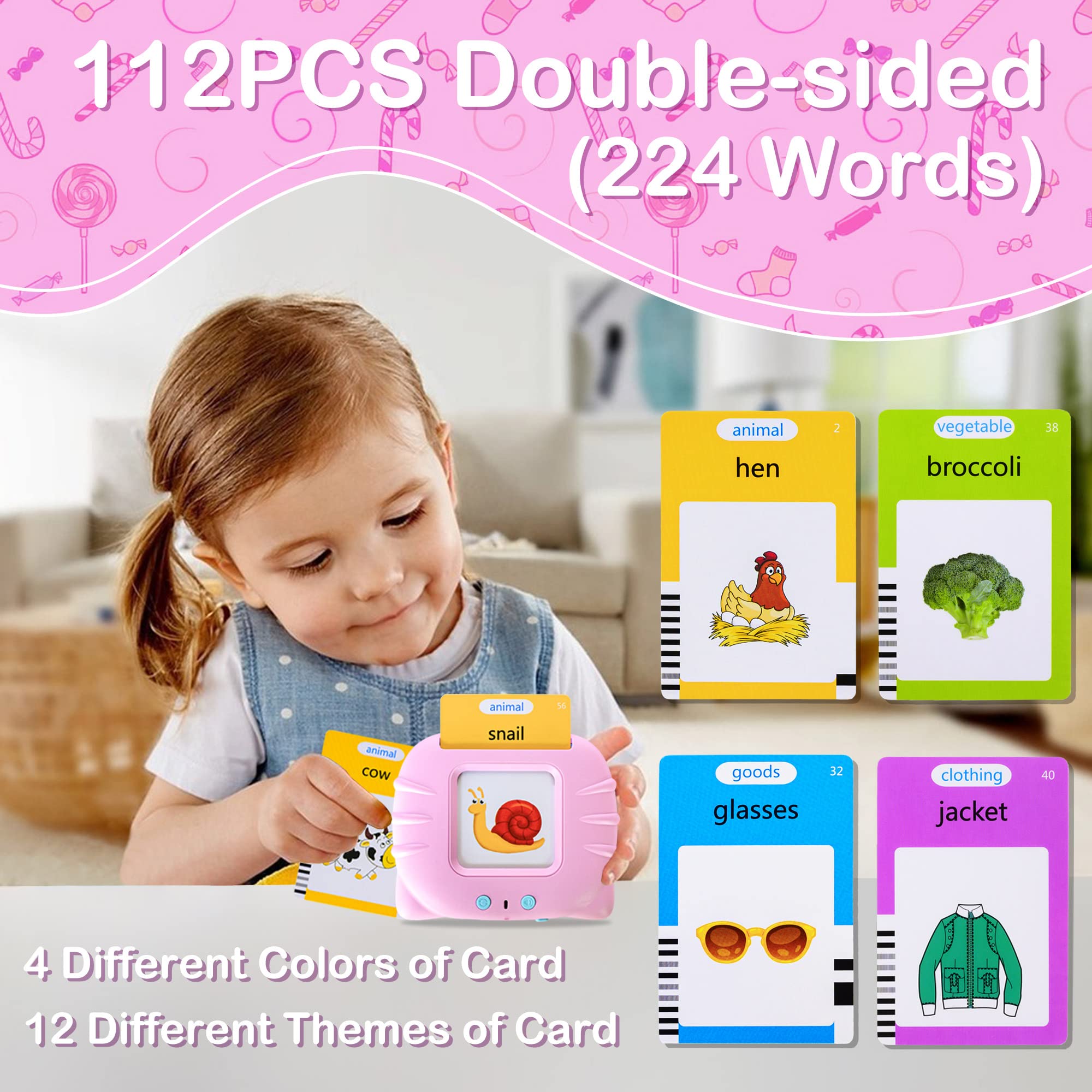 Talking Flash Cards Early Educational Toys for 3 4 5 6 Year Old Baby Boys Girls, Preschool Learning Reading Machine with 224 Words, Montessori Interactive Gift for Kids Toddlers