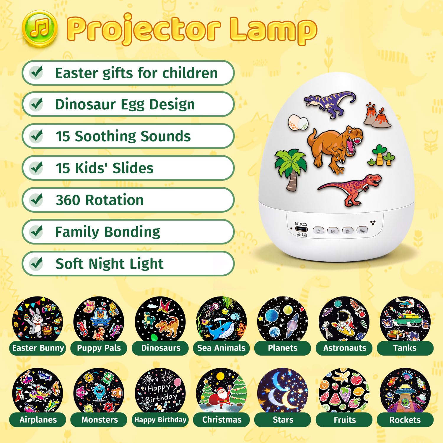 Egg Light Gifts for Kids Sound Machine | 15 Sleeping Sounds+14HD Films+7 Colors+360°Rotating | Easter Gifts for Kids Primal Hatch Dinosaur Egg Night Light for Nursery Boy Toys Hatch Sound Machine