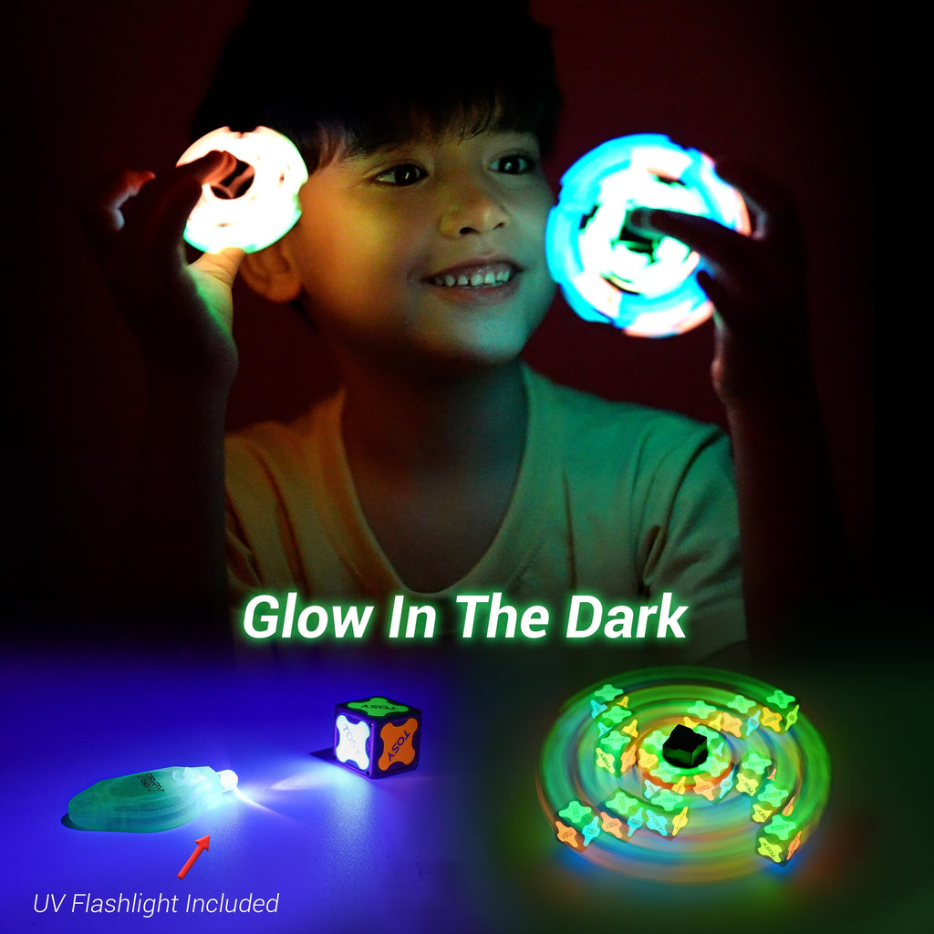 TOSY Magnet Fidget Spinner Glow - 16 blocks, 3in1 Toy: Transformable Fidget Spinner, Infinity/Puzzle Cube, Easter Birthday Gift for Kids/Adults, Glowing STEM Sensory Stress Relief