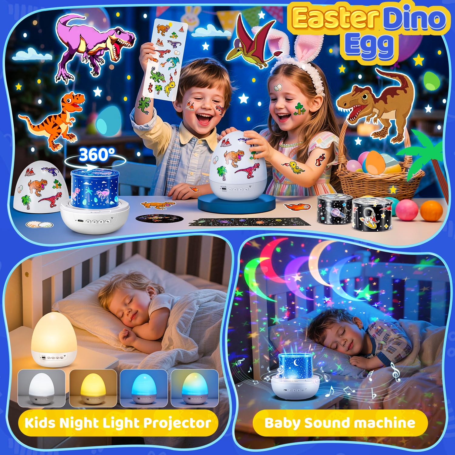 Egg Light Gifts for Kids Sound Machine | 15 Sleeping Sounds+14HD Films+7 Colors+360°Rotating | Easter Gifts for Kids Primal Hatch Dinosaur Egg Night Light for Nursery Boy Toys Hatch Sound Machine