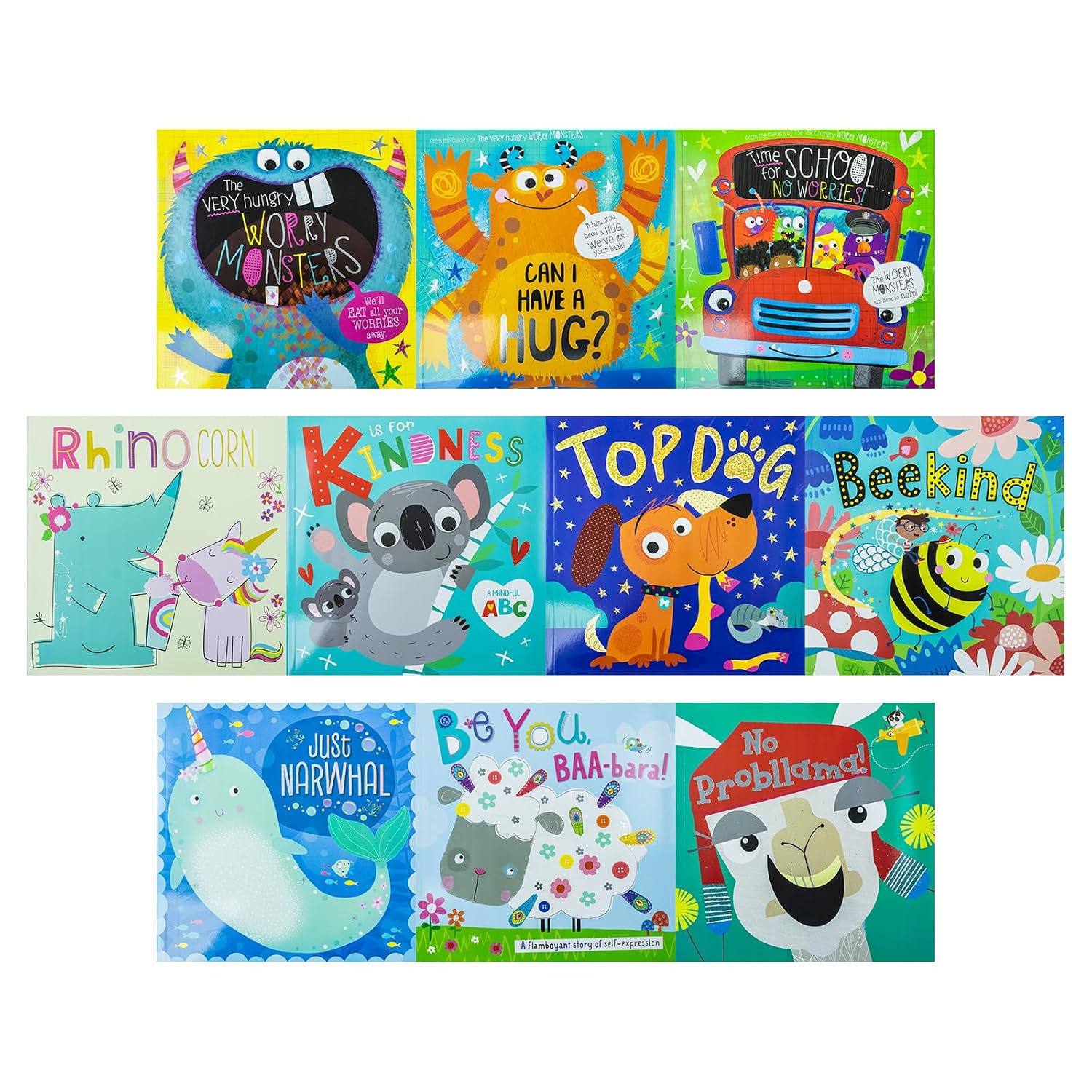 Very Hungry Worry Monster Behaviour and Emotions Library 10 Book Set Collection(Can I Have a Hug?, Time for School No Worries, Bee Kind, Be You, Rhino Corn, K is for Kindness)