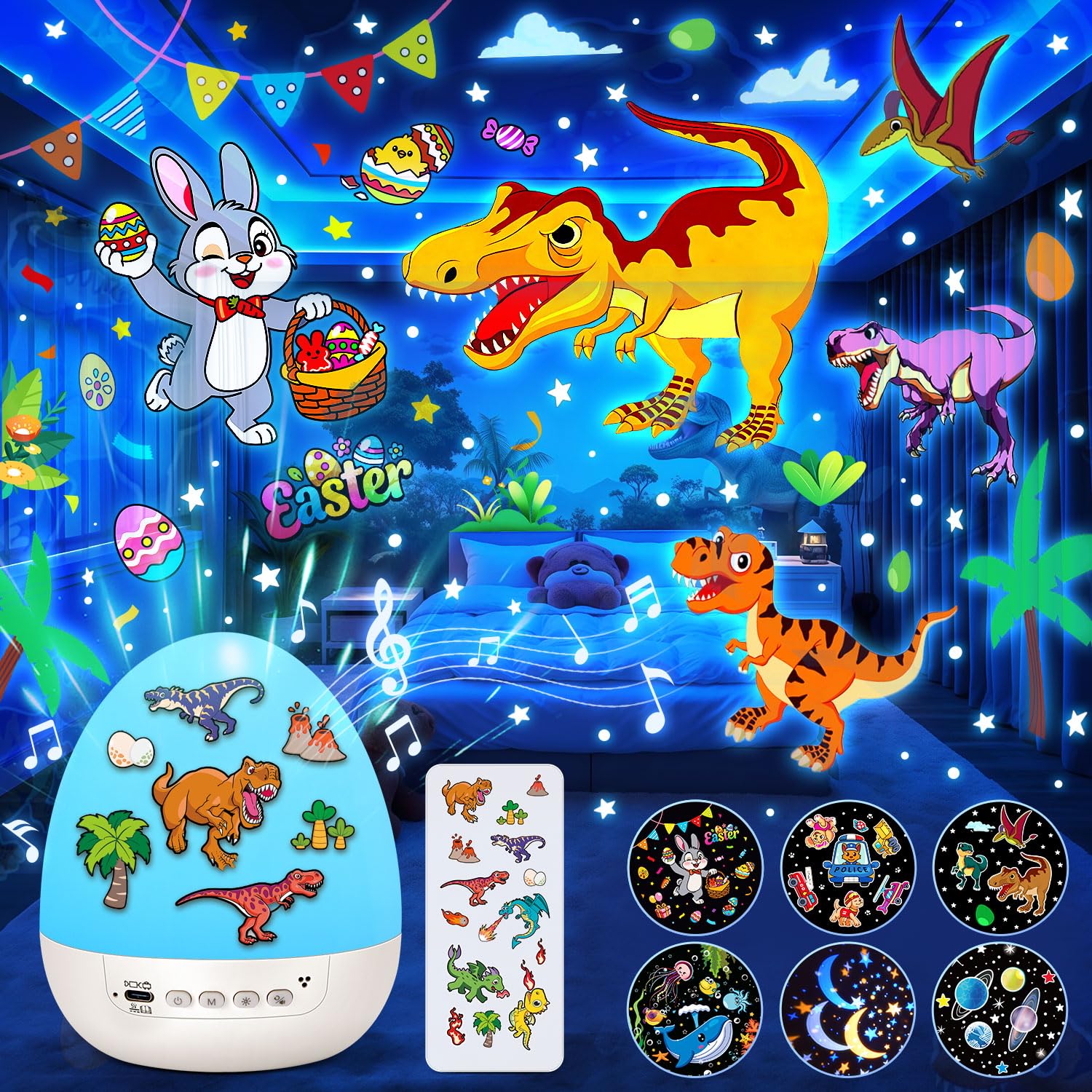 Egg Light Gifts for Kids Sound Machine | 15 Sleeping Sounds+14HD Films+7 Colors+360°Rotating | Easter Gifts for Kids Primal Hatch Dinosaur Egg Night Light for Nursery Boy Toys Hatch Sound Machine