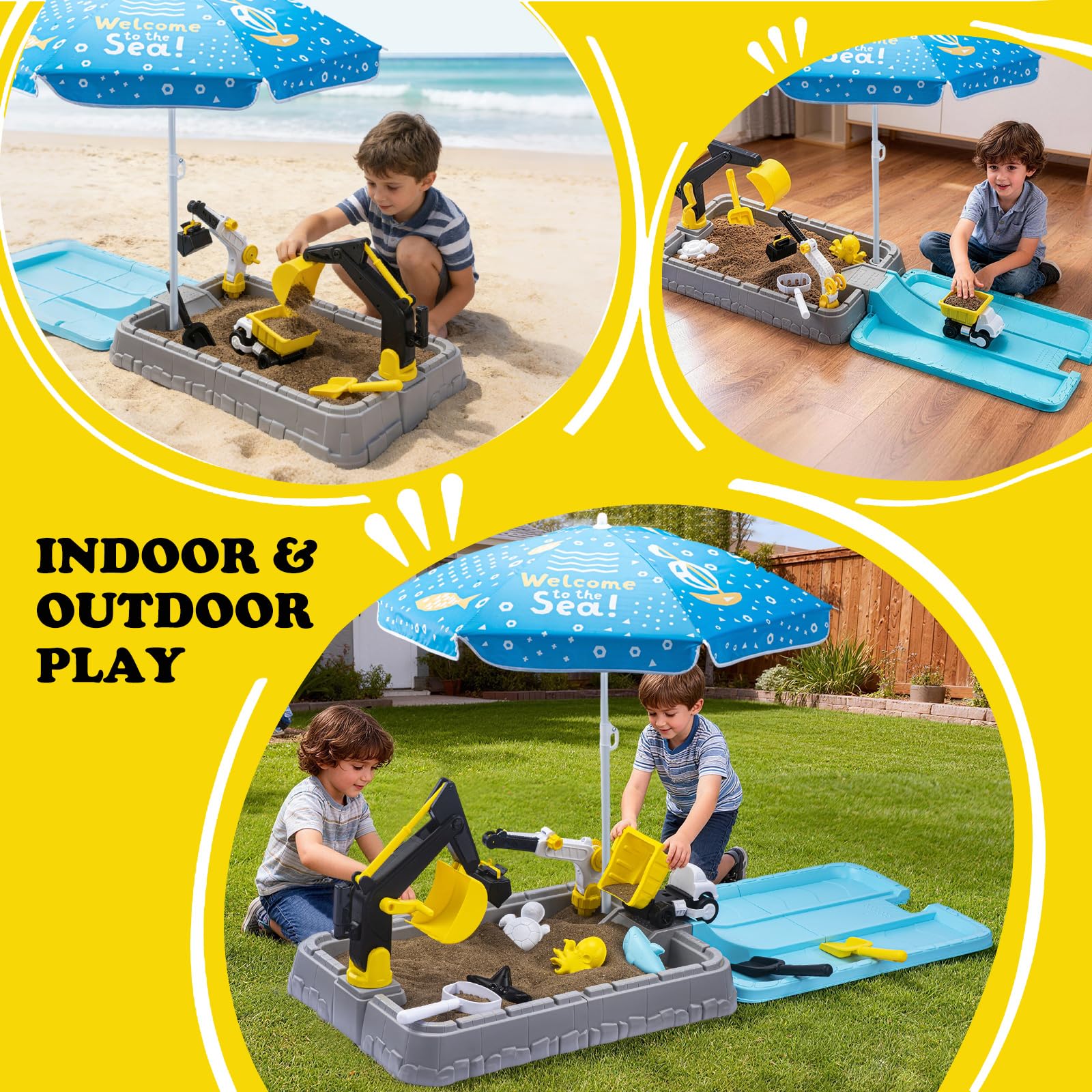 Kids Excavator Sandbox with Umbrella & Cover, Construction Sandbox Set with Beach Toys & Dump Truck, Outdoor Educational Play Set for Toddlers Ages 3-12