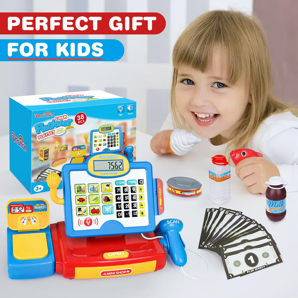 Dreamon Toy Till Cash Register with Scanner for Kids Mini Kids Shop Play Till for 3 Year Old Girls Boys Pretend Role Play Money Food Learning Toys Gift for Toddler