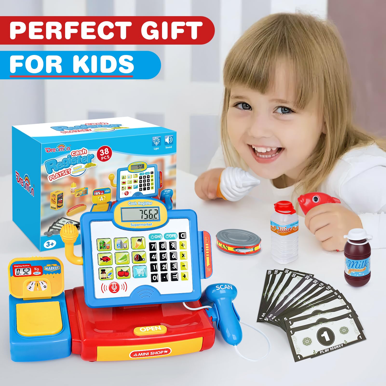 Dreamon Toy Till Cash Register with Scanner for Kids Mini Kids Shop Play Till for 3 Year Old Girls Boys Pretend Role Play Money Food Learning Toys Gift for Toddler