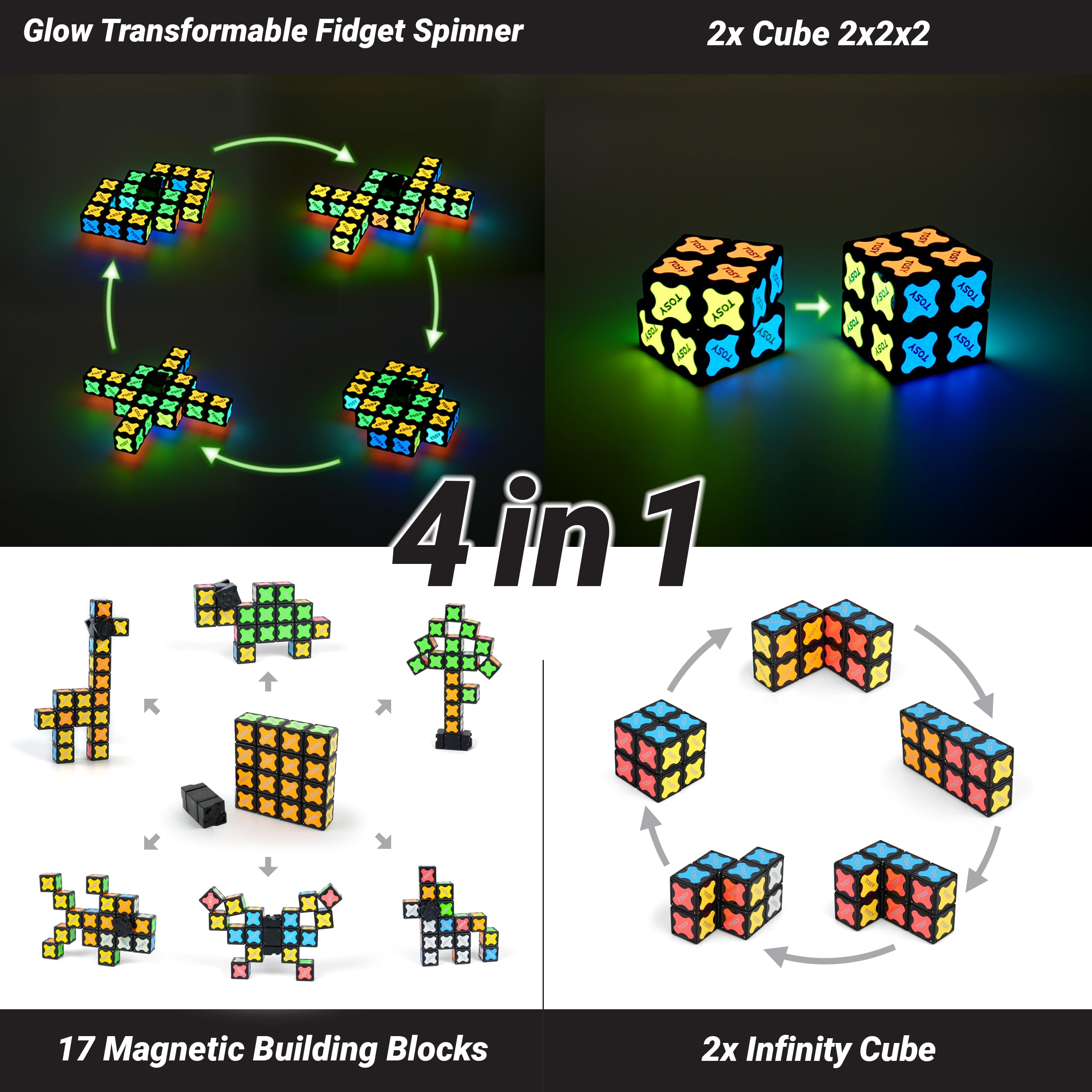 TOSY Magnet Fidget Spinner Glow - 16 blocks, 3in1 Toy: Transformable Fidget Spinner, Infinity/Puzzle Cube, Easter Birthday Gift for Kids/Adults, Glowing STEM Sensory Stress Relief