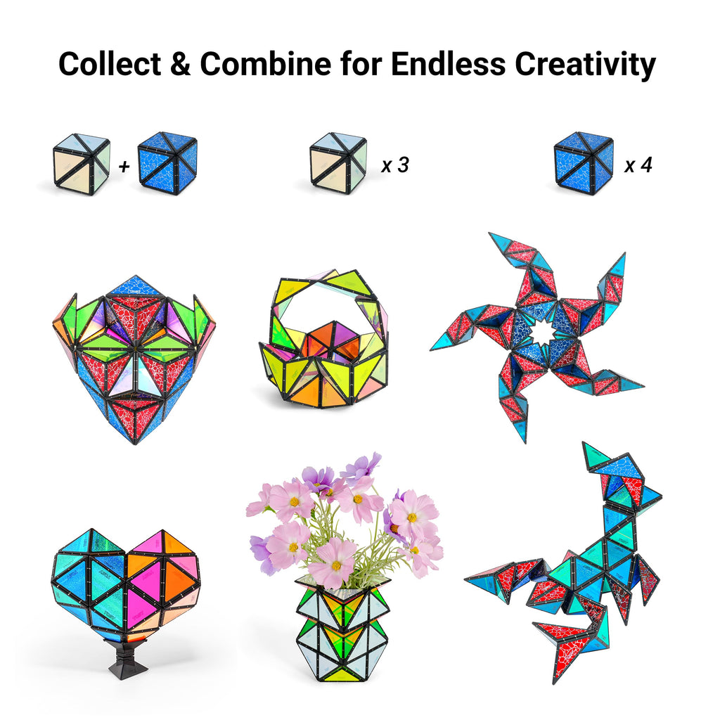 TOSY Magnet Pyramid Stone - 1 Cube Transforms into 1 Billion Shapes (Bunny, Egg Basket, Flowers, Heart), Easter Birthday Gift, 12 pcs, 243 Magnets, Holographic Design, Puzzle/STEM Toy