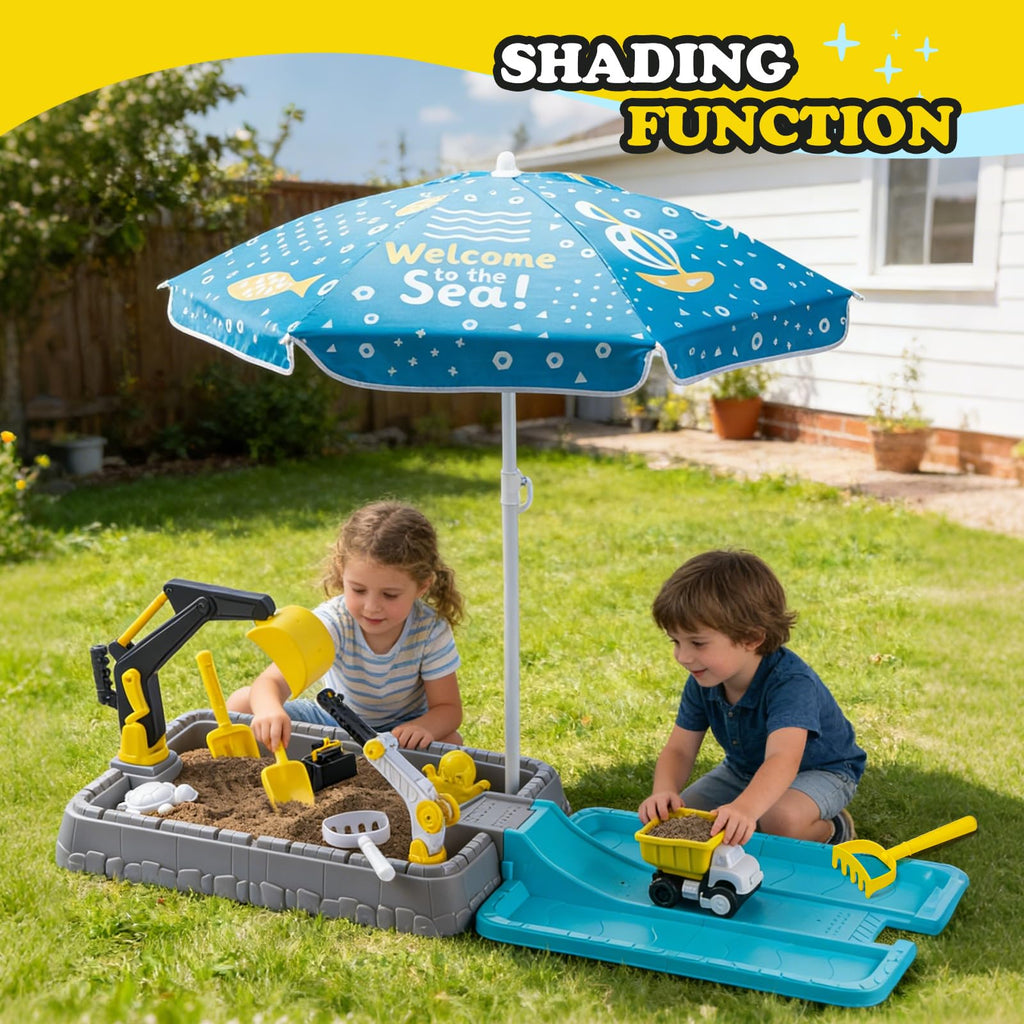 Kids Excavator Sandbox with Umbrella & Cover, Construction Sandbox Set with Beach Toys & Dump Truck, Outdoor Educational Play Set for Toddlers Ages 3-12