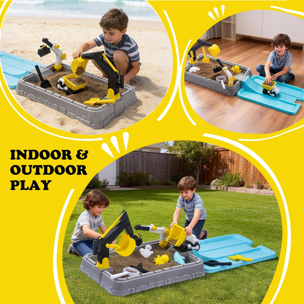 Kids Excavator Sandbox with Umbrella & Cover, Construction Sandbox Set with Beach Toys & Dump Truck, Outdoor Educational Play Set for Toddlers Ages 3-12