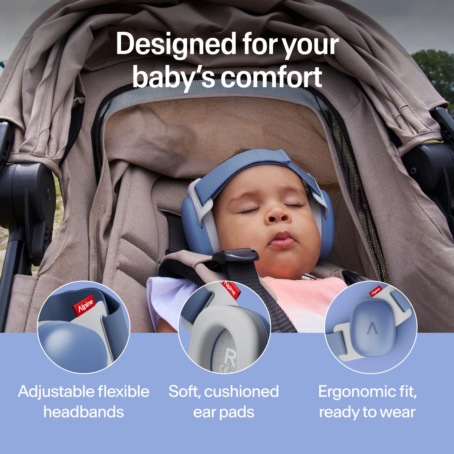 Alpine Muffy Baby Ear Defender for Babies and Toddlers up to 36 Months - CE & UKCA Certified - Noise Reduction Earmuffs - Comfortable Baby Headphones Against Hearing Damage & Improves Sleep - Blue