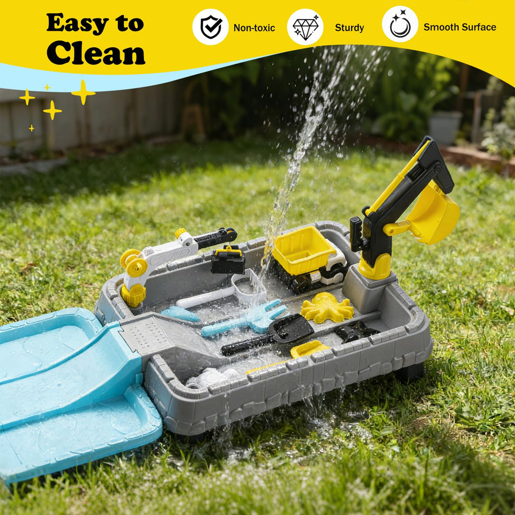 Kids Excavator Sandbox with Umbrella & Cover, Construction Sandbox Set with Beach Toys & Dump Truck, Outdoor Educational Play Set for Toddlers Ages 3-12