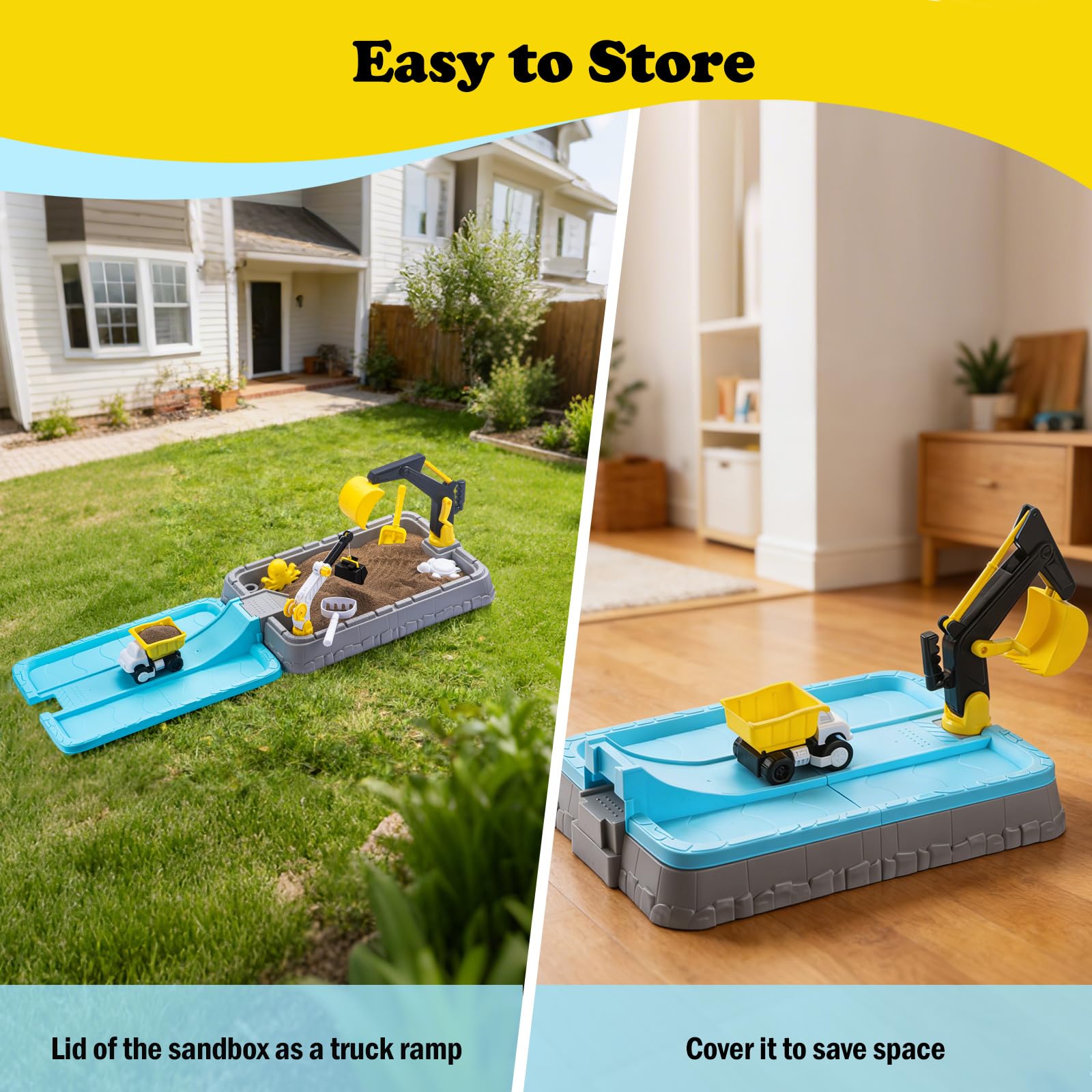 Kids Excavator Sandbox with Umbrella & Cover, Construction Sandbox Set with Beach Toys & Dump Truck, Outdoor Educational Play Set for Toddlers Ages 3-12