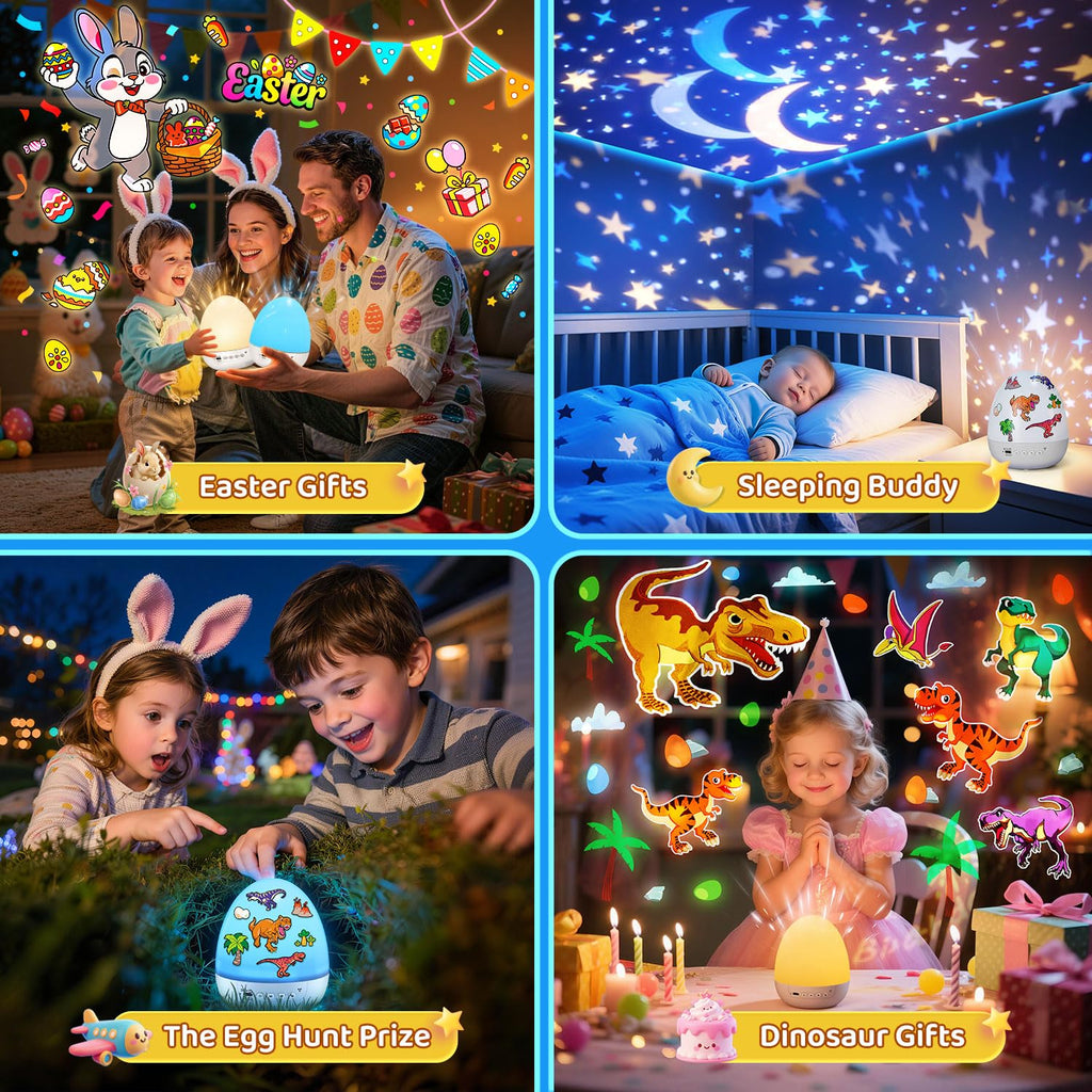 Egg Light Gifts for Kids Sound Machine | 15 Sleeping Sounds+14HD Films+7 Colors+360°Rotating | Easter Gifts for Kids Primal Hatch Dinosaur Egg Night Light for Nursery Boy Toys Hatch Sound Machine