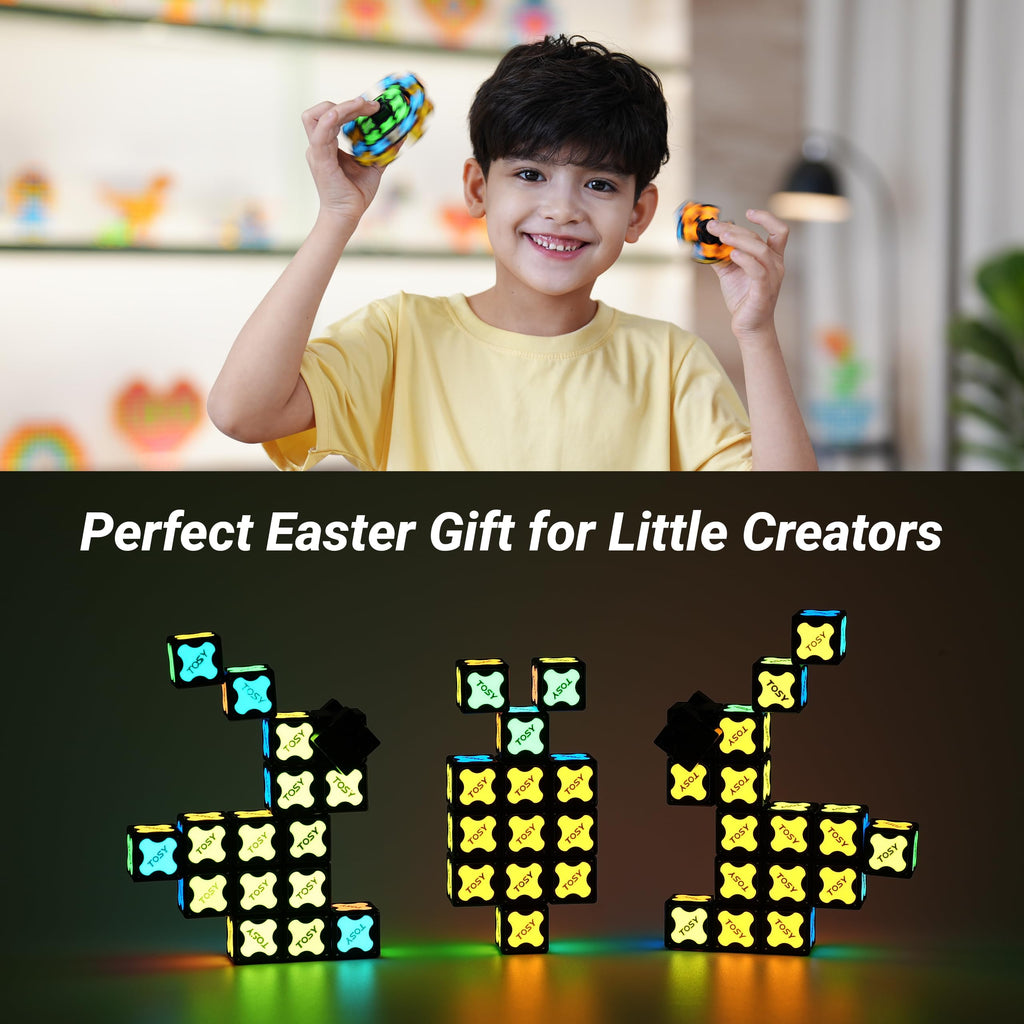 TOSY Magnet Fidget Spinner Glow - 16 blocks, 3in1 Toy: Transformable Fidget Spinner, Infinity/Puzzle Cube, Easter Birthday Gift for Kids/Adults, Glowing STEM Sensory Stress Relief