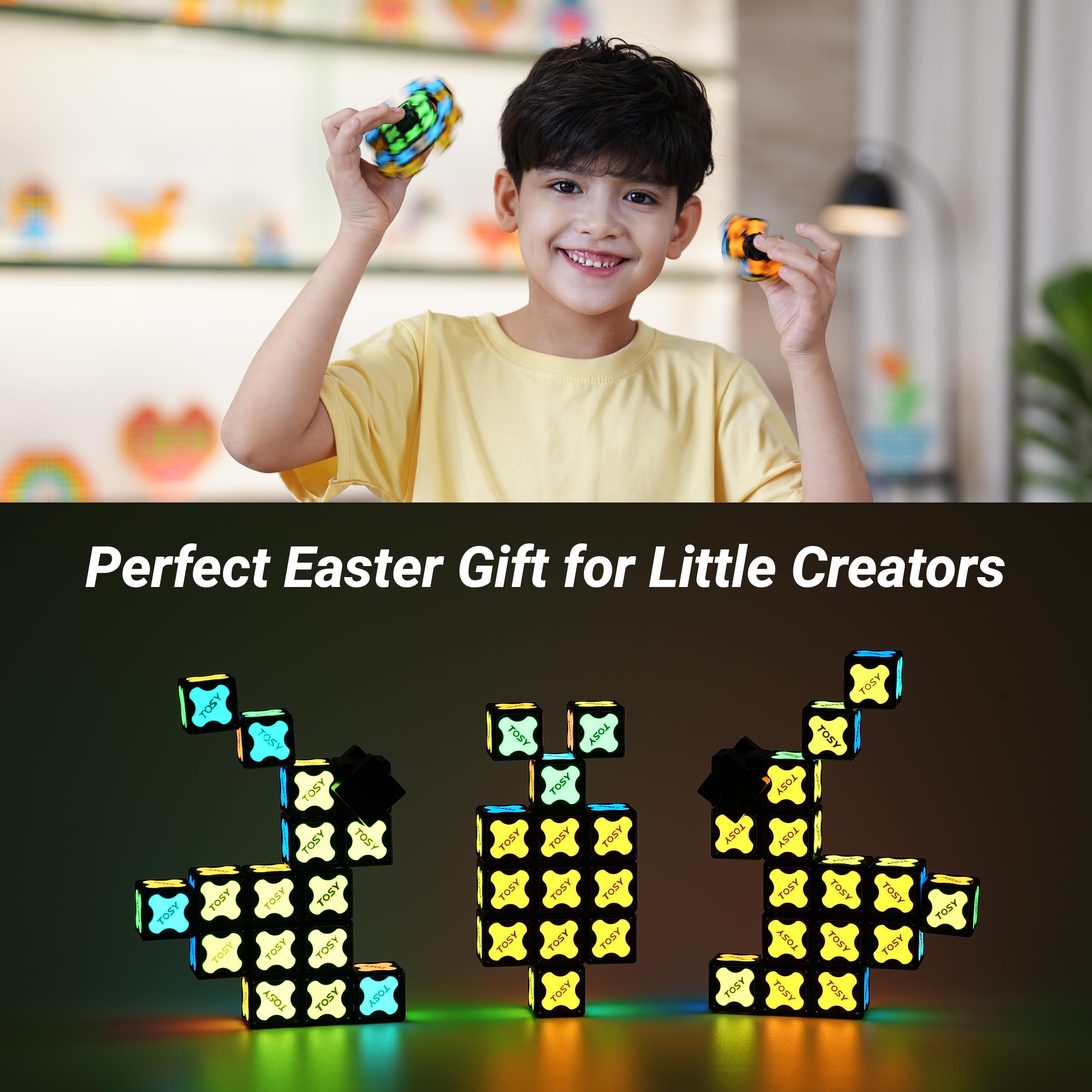 TOSY Magnet Fidget Spinner Glow - 16 blocks, 3in1 Toy: Transformable Fidget Spinner, Infinity/Puzzle Cube, Easter Birthday Gift for Kids/Adults, Glowing STEM Sensory Stress Relief