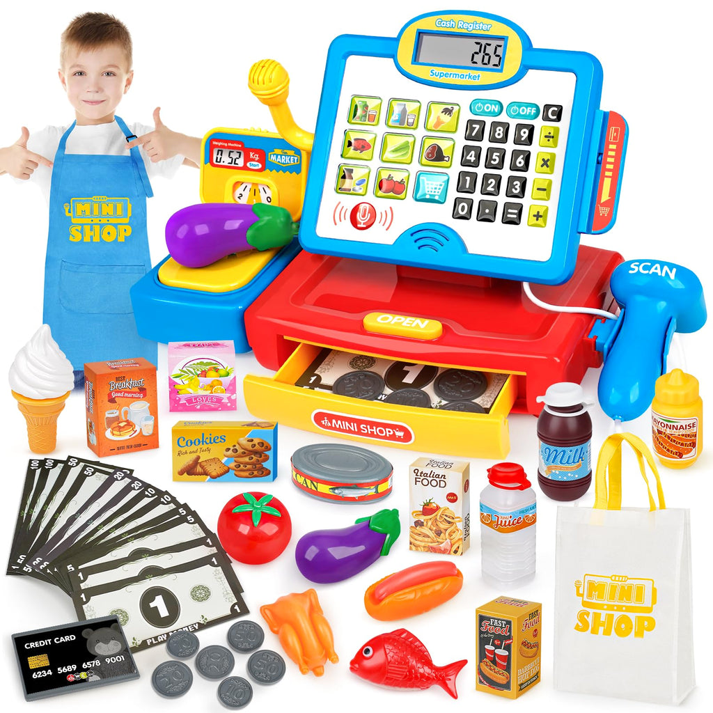 Dreamon Toy Till Cash Register with Scanner for Kids Mini Kids Shop Play Till for 3 Year Old Girls Boys Pretend Role Play Money Food Learning Toys Gift for Toddler