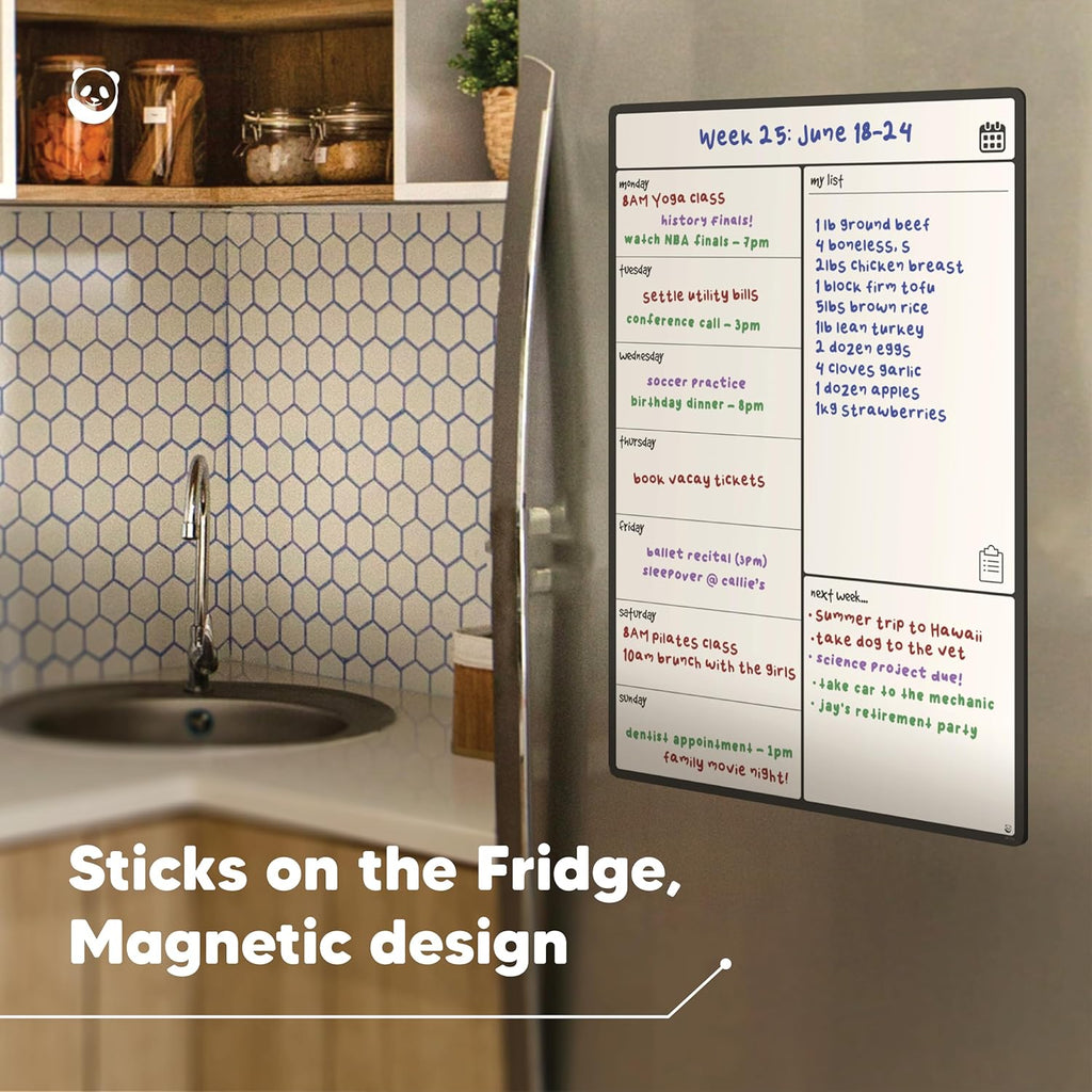 Smart Panda A3 Magnetic Whiteboard Fridge Calendar - Meal Planner and Shopping List White Board - Memo Board and Family Planner Notice Board - Weekly