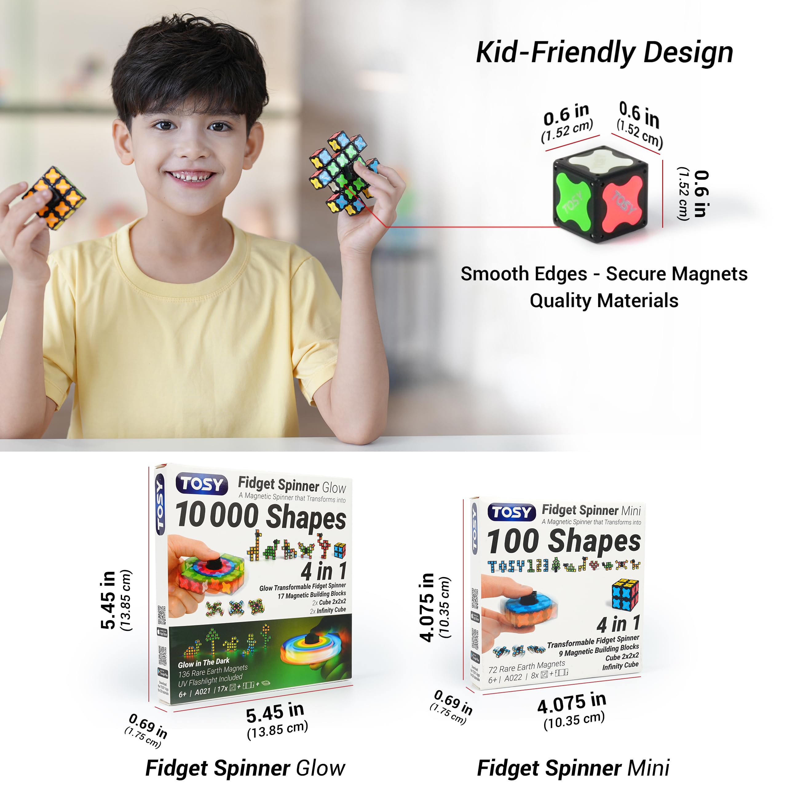 TOSY Magnet Fidget Spinner Glow - 16 blocks, 3in1 Toy: Transformable Fidget Spinner, Infinity/Puzzle Cube, Easter Birthday Gift for Kids/Adults, Glowing STEM Sensory Stress Relief