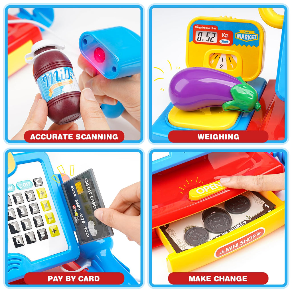 Dreamon Toy Till Cash Register with Scanner for Kids Mini Kids Shop Play Till for 3 Year Old Girls Boys Pretend Role Play Money Food Learning Toys Gift for Toddler