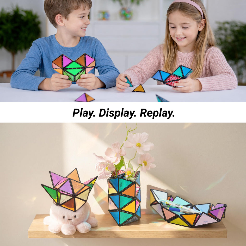 TOSY Magnet Pyramid Stone - 1 Cube Transforms into 1 Billion Shapes (Bunny, Egg Basket, Flowers, Heart), Easter Birthday Gift, 12 pcs, 243 Magnets, Holographic Design, Puzzle/STEM Toy